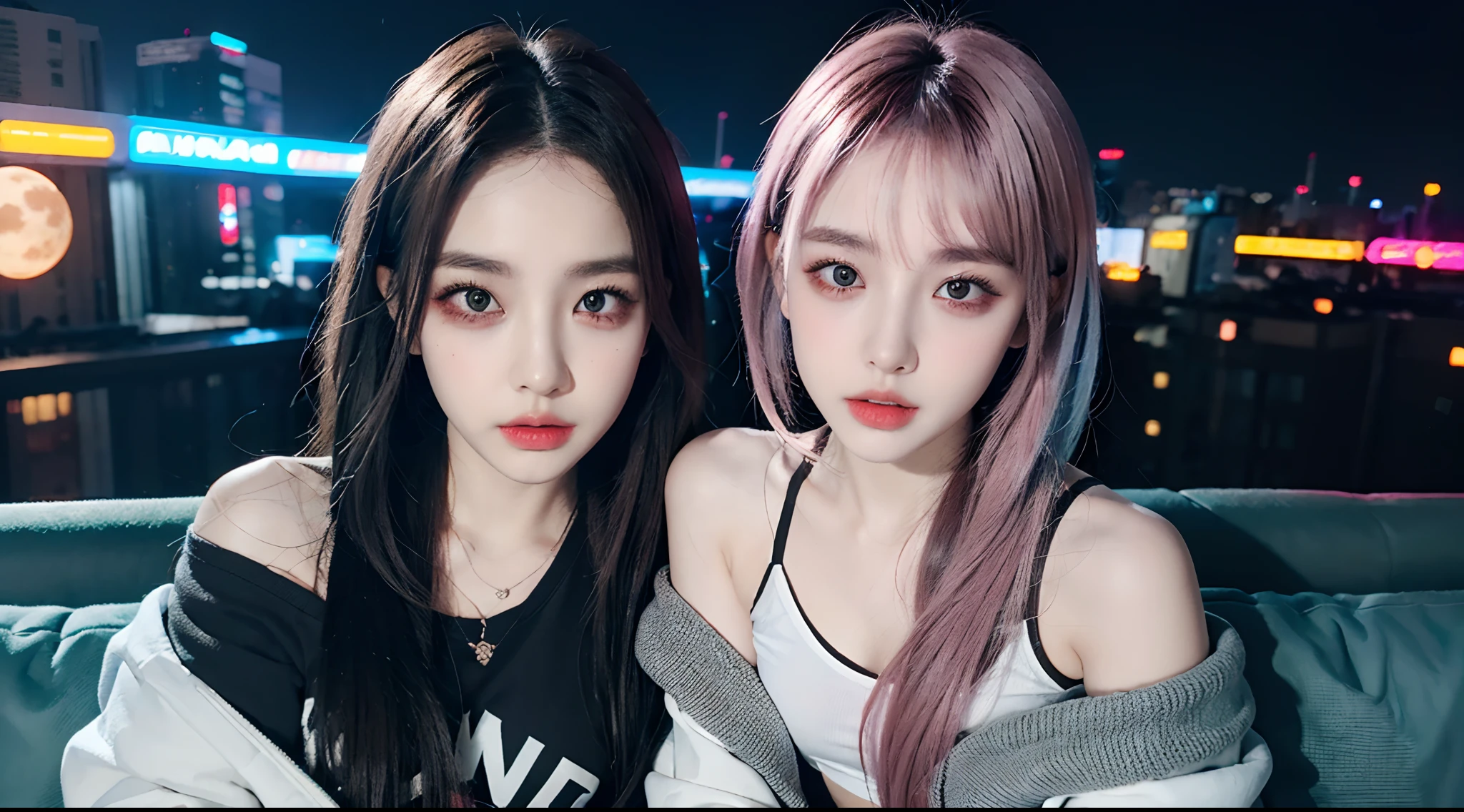Lying on the couch,lucy \(Cyberpunk\), 1girll, hair scrunchie, hime-cut, Silver hair, colored tips, full moon, With gray eyes, Jacket, Long sleeves, view the viewer, Medium hair, O cabelo multicolorido, Bangs separated, lips parted, A pink-haired, Portrait, Red eyeliner, Redlip, Solo, White jacket, cyber punk perssonage\(Series\), Rainy night in neon-lit cyberpunk city,(A half body,中景 the scene is,Dew right shoulder)