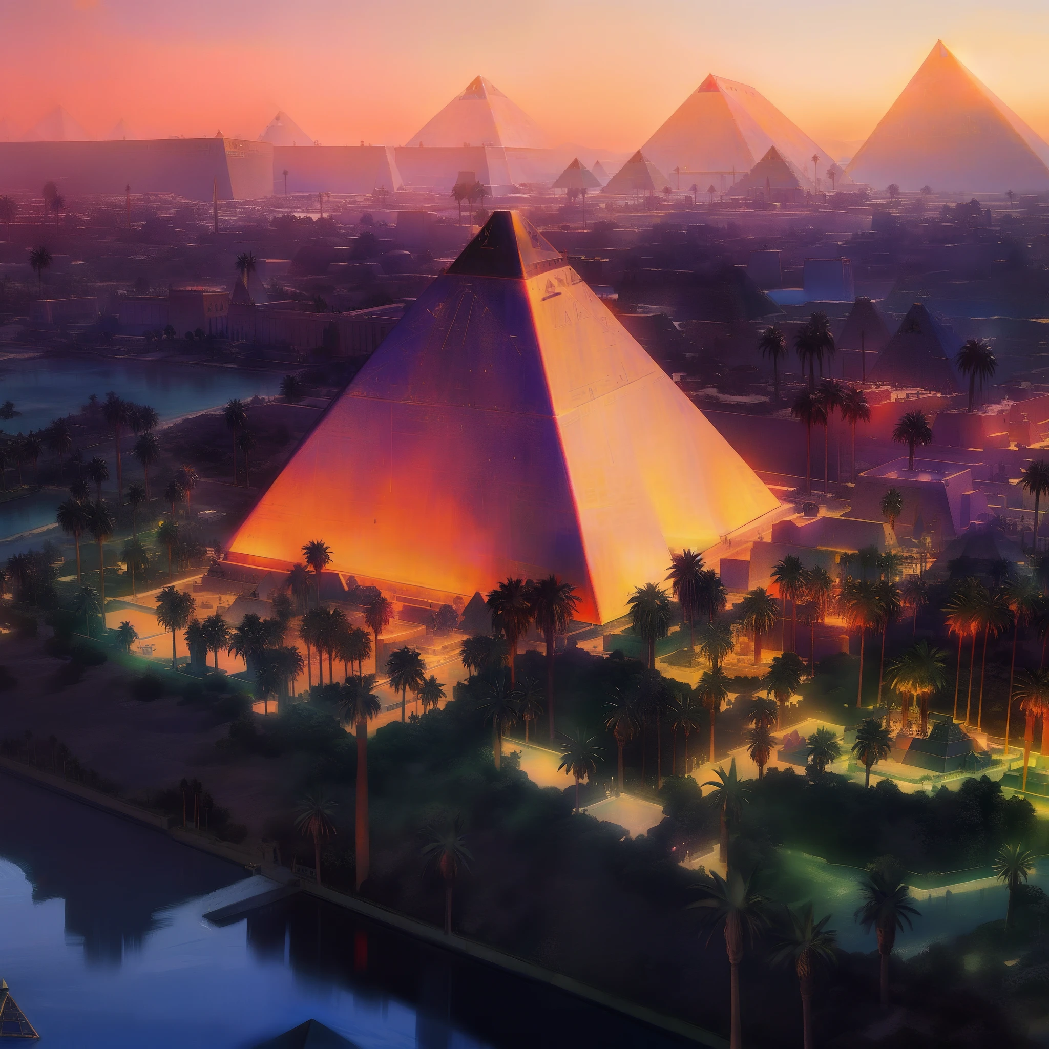 Ararfed view of a pyramid with palm trees and a river, Luxor, pyramid ruins at sundown, Egito, pyramid surrounded by vegetation, pyramids of egypt, ancient megastructure pyramid, do Egito, pyramid, colorful ancient egyptian city, great pyramid of giza, pyramid background, pyramids of giza, No Egito, pyramids style, Cidade colorida no Egito antigo