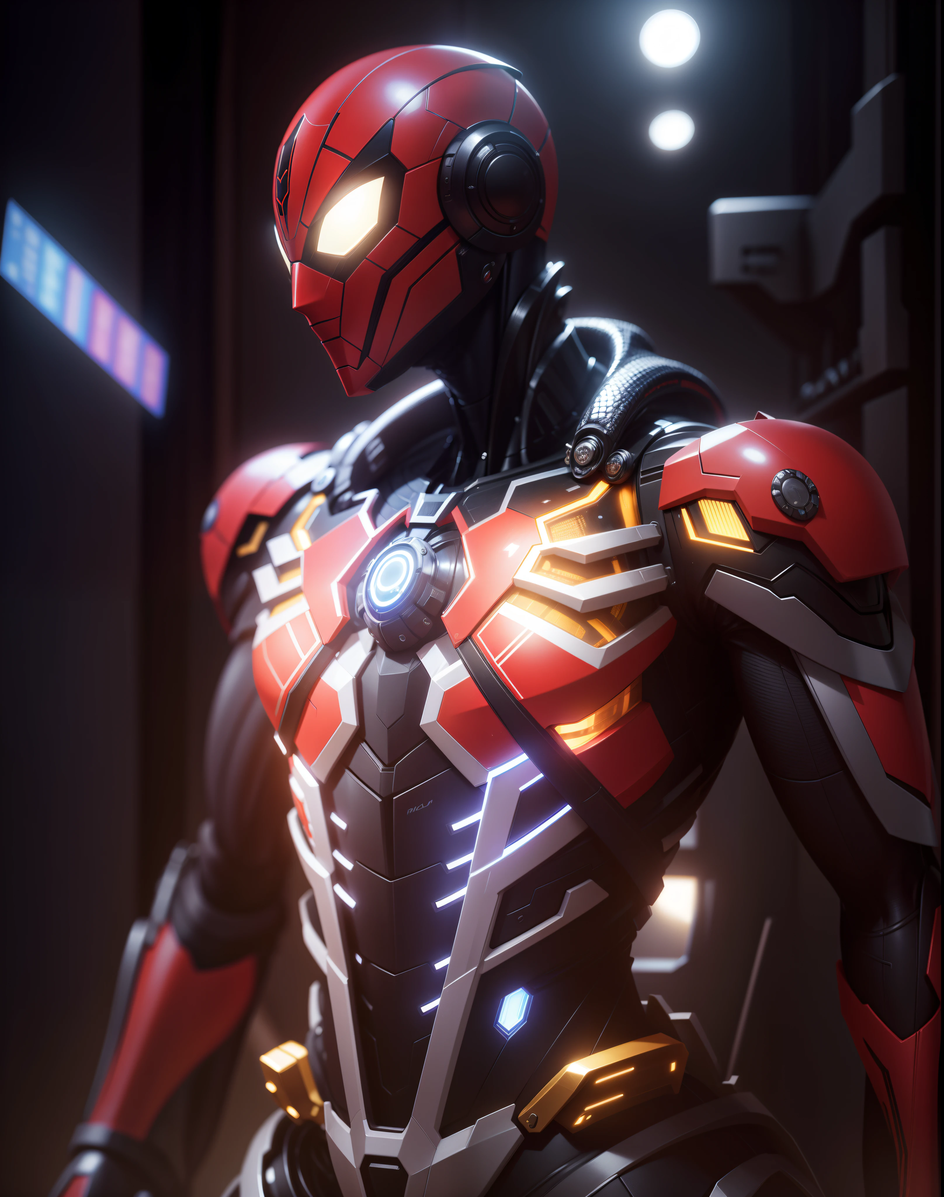 mecha aranha, um close up de uma pessoa em um armadura robotica futurista com uma luz vermelha acesa, Estilo futurista Homem-Aranha, Homem-Aranha como Exterminador do Futuro, 8k render", 8 k cg render, intricate 8 k render, 8 k arte conceitual de alto detalhe, 8 k render, 8k render, high detail 8 k render, high detail 8k render, 8k arte detalhada de alta qualidade, Miles Morales!!!