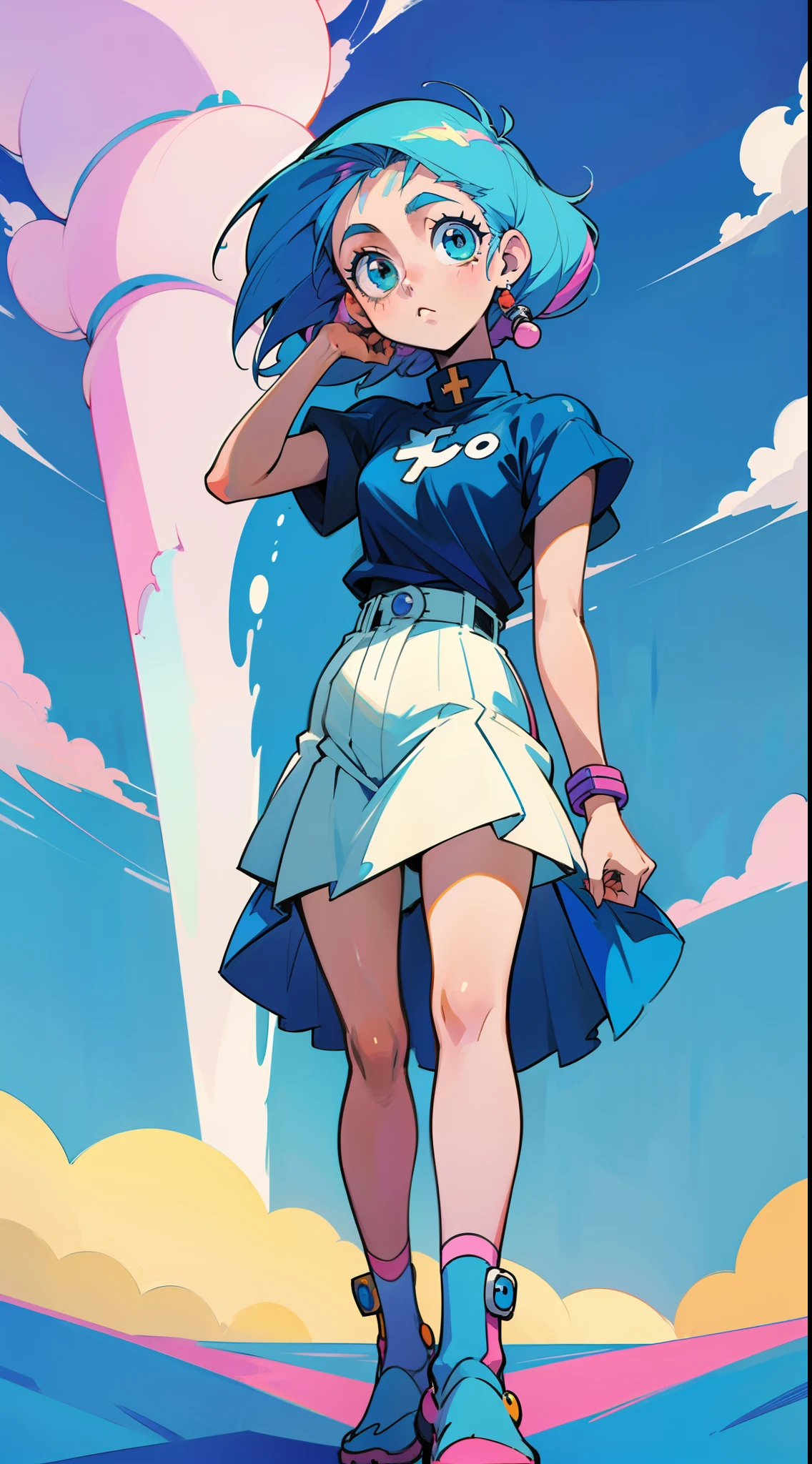 Anime girl standing with cross-legged. um desenho de uma mulher com cabelo azul segurando um martelo, 2 d estilo anime, anime com cabelo martelo, personagem estilo anime, estilo anime, 8 0 s estilo de arte anime, no estilo de arte do anime 8 0 s, Estilo anime dos anos 90, 9 0 s estilo anime, 9 0 s estilo de arte anime, personagem estilo anime, estilo maddy, arte fofa, frio, seasons!!