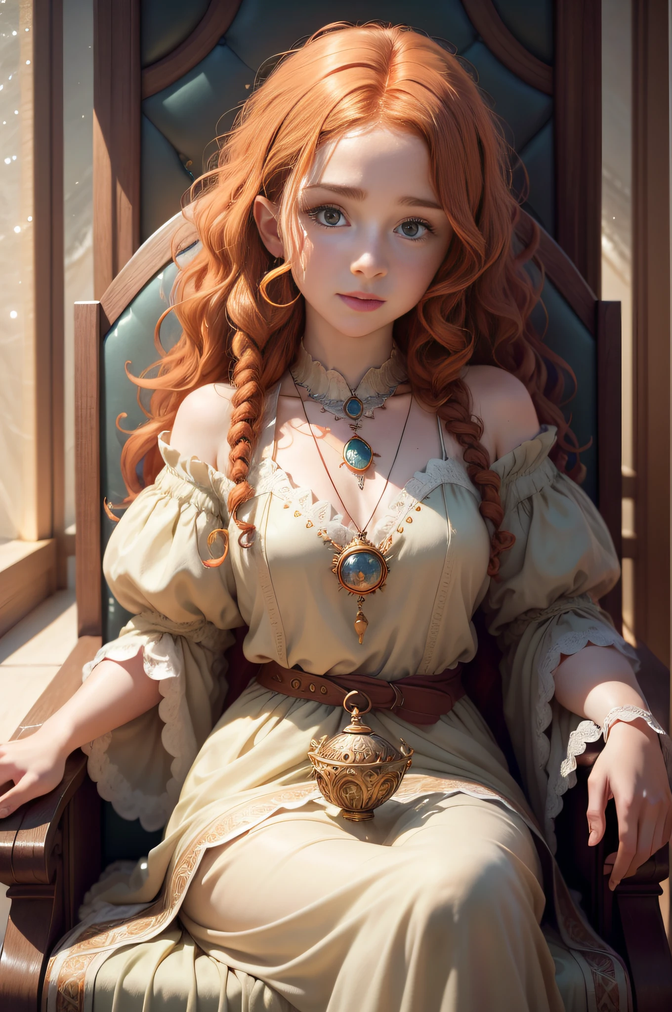 whimsical girl with curly auburn hair and bright hazel eyes sitting on a throne looking into the camera, Her freckled face and ethereal clothing give her an otherworldly aura, holds a feathered quill, wears a glowing crystal pendant, subtle hints at her magical storytelling abilities, front facing, centered, looking forward, facing forward, 8k, realistic skin texture,