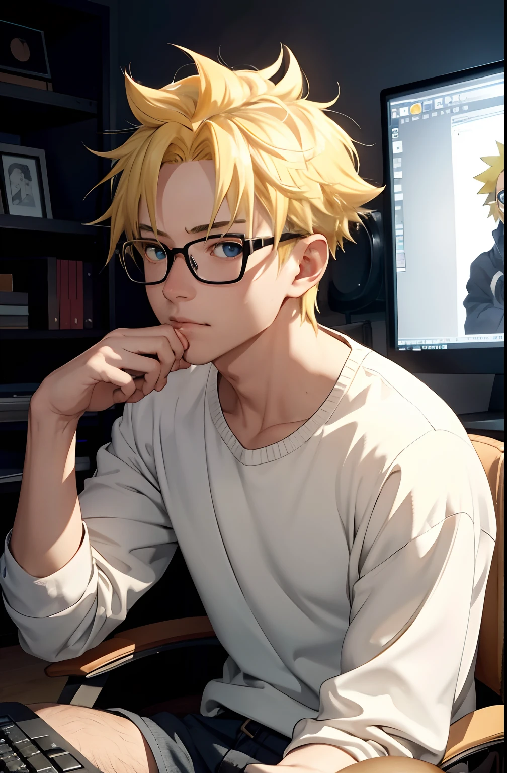 (masterpiece:1.2, best quality), (solo)finely detailed eyes and detailed face, depth of field, masterpiece, best quality, fair complexion, handsome face, cool, casual clothes, background is bedroom, messy hair, glasses, nervous expression, mouth closed,gaming computer,boy is sitting in a chair, Uzumaki Naruto,short yellow hair, blue eyes,1 boy