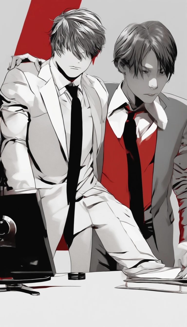 Trio of suit and tie,dynamic pose,nervous expression,red background,death note style(best quality,4k,8k,highres,masterpiece:1.2),ultra-detailed,realistic:1.37,studio lighting,professional,portraits,vivid colors,sharp focus,bokeh,physically-based rendering