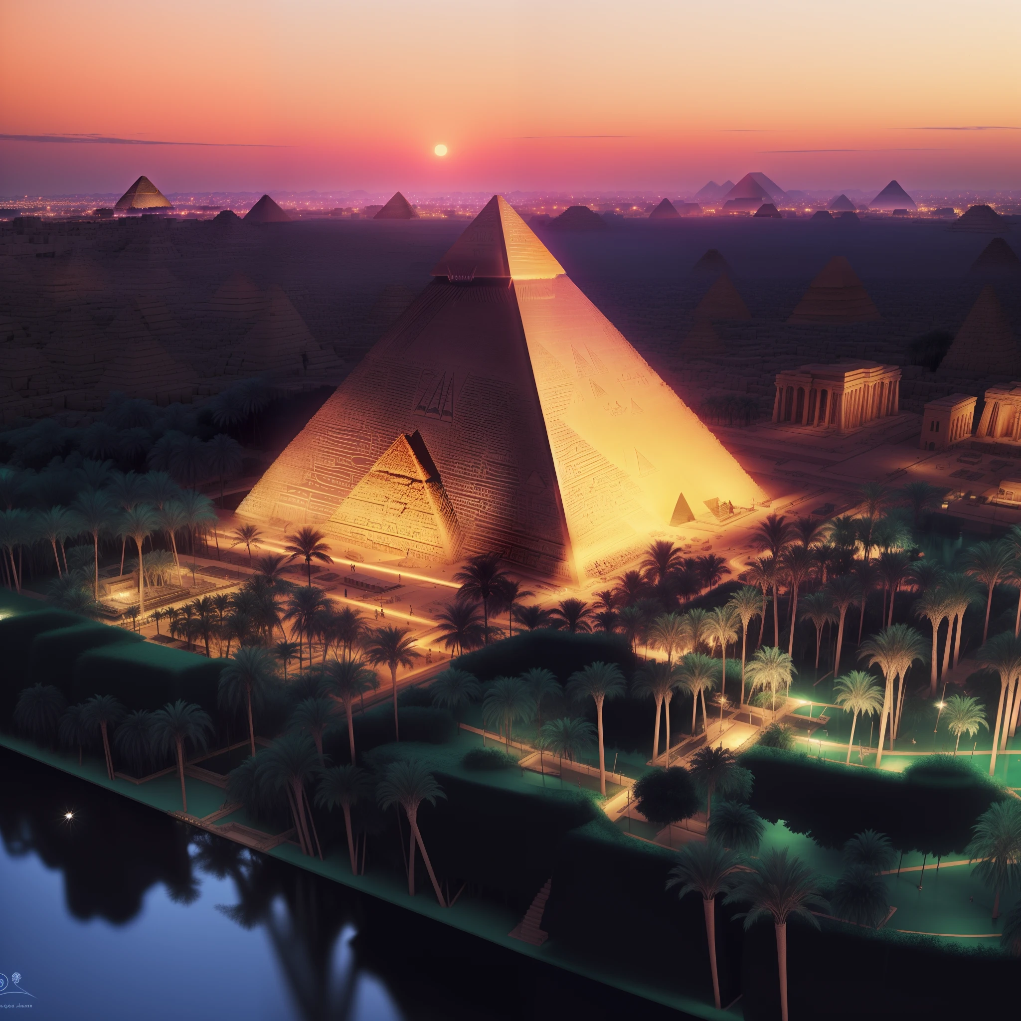 Ararfed view of a pyramid with palm trees and a river, Luxor, pyramid ruins at sundown, Egito, pyramid surrounded by vegetation, pyramids of egypt, ancient megastructure pyramid, do Egito, pyramid, colorful ancient egyptian city, great pyramid of giza, pyramid background, pyramids of giza, No Egito, pyramids style, Cidade colorida no Egito antigo