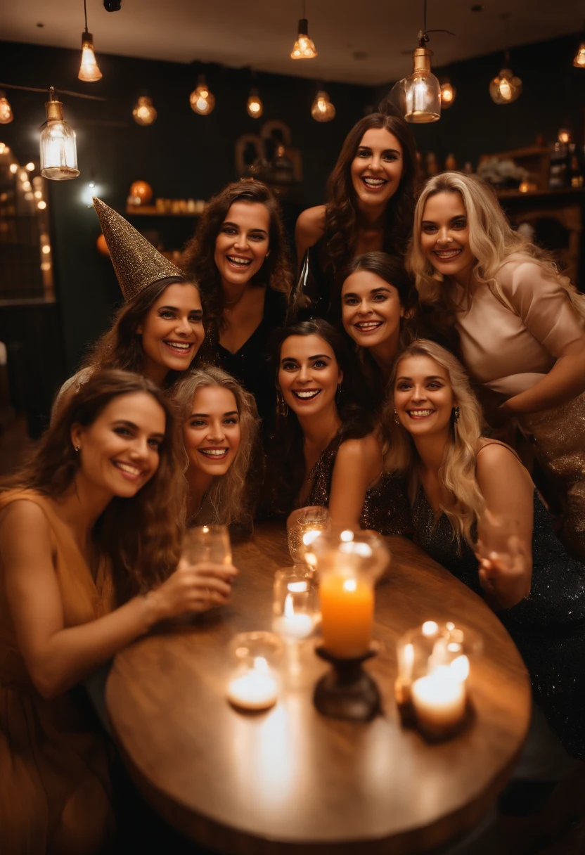 Recreate a scene from an evening social gathering in an indoor setting reminiscent of a kitchen or bar area. O ambiente deve ser animado e acolhedor, illuminated by hanging lamps. Several women must be present, with three individuals in the foreground appearing to be dancing or moving enthusiastically. Uma dessas pessoas deve estar segurando um copo de bebida. No fundo, more women should be near the kitchen counter/bar. The windows visible in the background must indicate that it is night outside.
