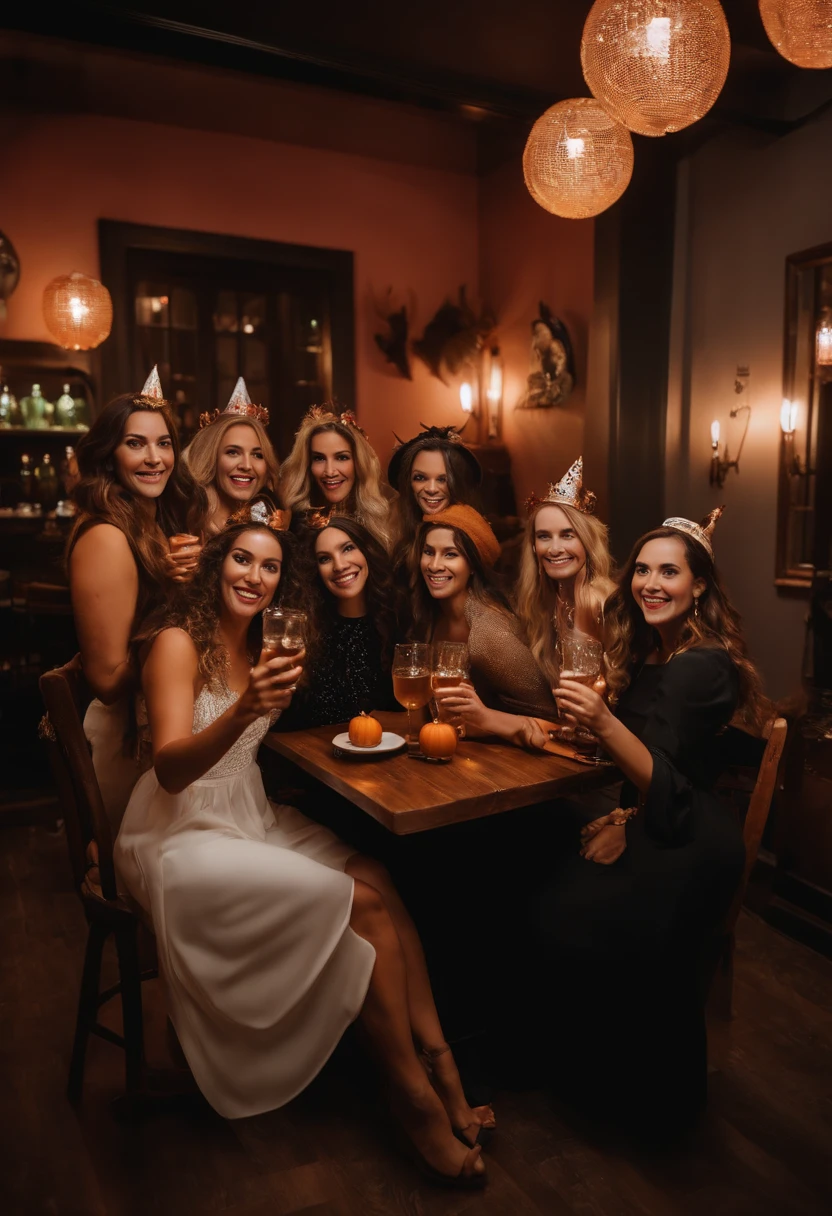 um grupo de mulheres, They are in a bar with Halloween decoration dressed as wizards, They're taking a frontal selfie, todos olham para a selfie, One of them is holding the camera, They're smiling at the camera, some are seated, others are standing;, existem cerveja na mesa, foto realistica, natural  lightting, ((realistic lighting, melhor qualidade, 8k, master part: 1.3)), Clear focus: 1.8,