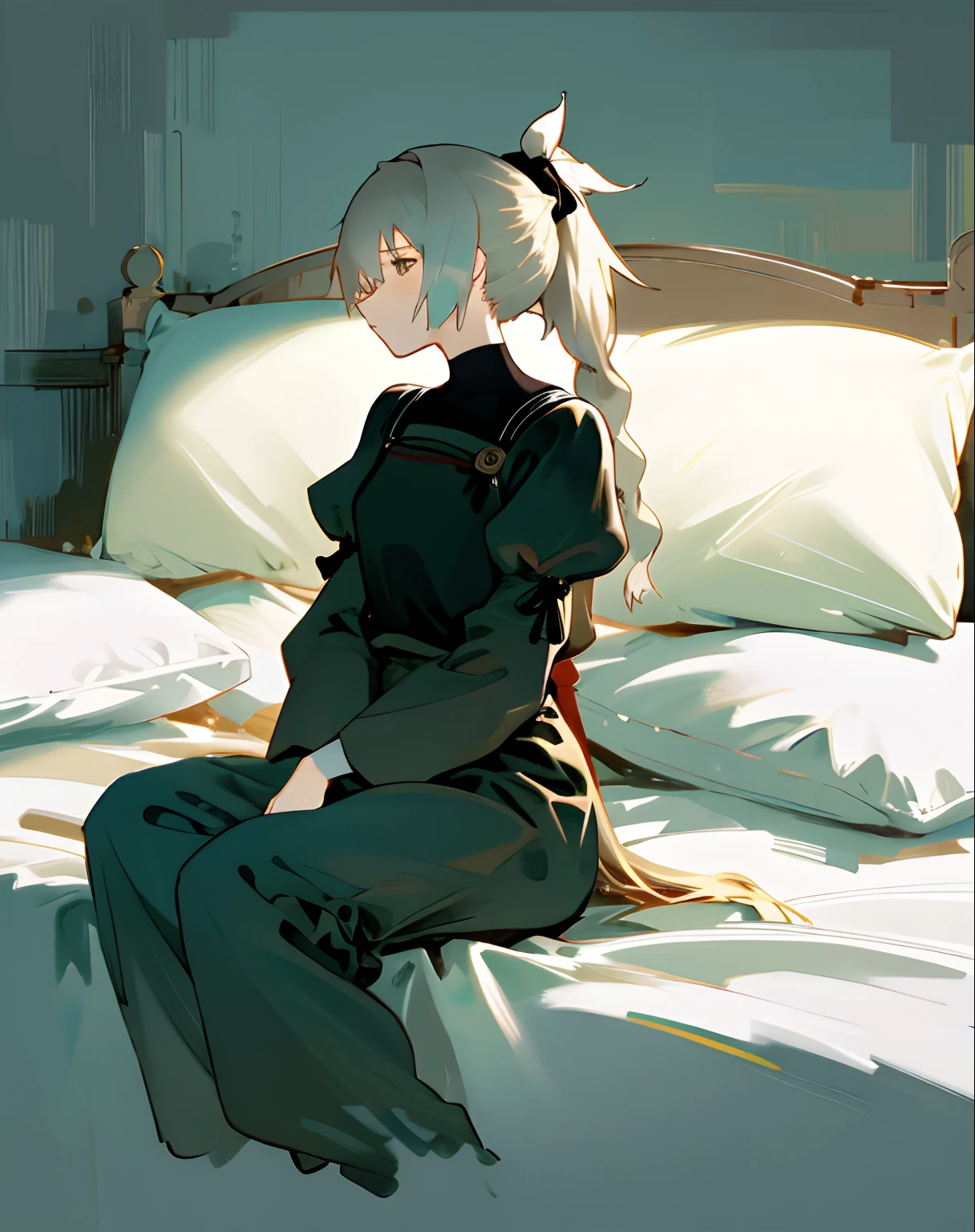 Sit lazily on a pillow，White long hair low ponytail girl，Wear white simple pajamas，The expression was melancholy，Epic composition，4K, Leave white space，impressionistic，Clean and meticulous style， 2 b, 2b,HighestQuali