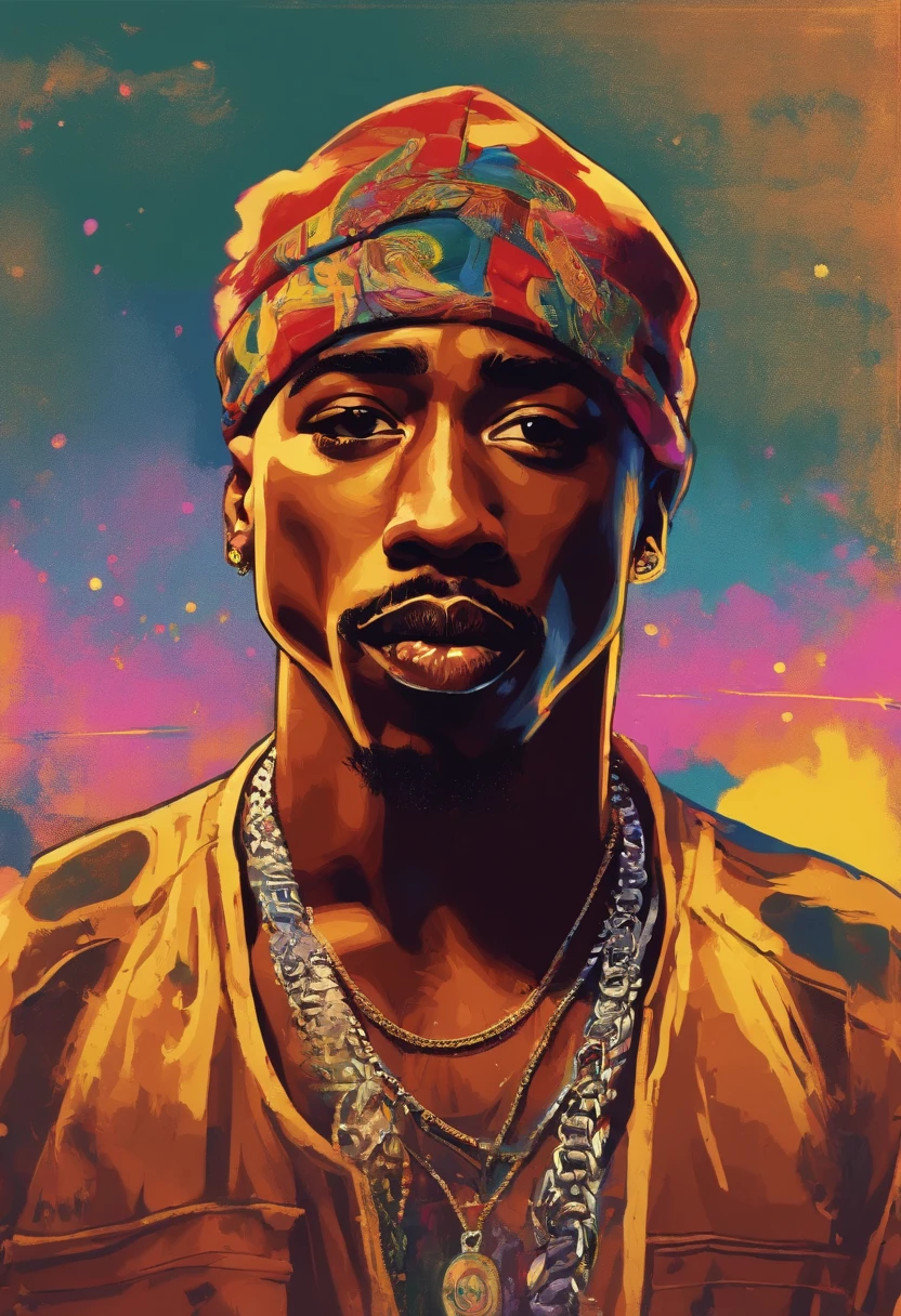 2Pac, rap icon, expressive eyes, charismatic smile, defined jawline, bandana, gold chains, tattoos, intense gaze, poetic lyrics, streetwise attitude, West Coast influence, iconic poses, black and white photography, gritty urban setting, vibrant colors, dramatic lighting, stage presence, storytelling, social commentary, hip-hop culture. (best quality, 4k, highres), ultra-detailed, (realistic:1.37), portraits, street art, golden hour lighting.