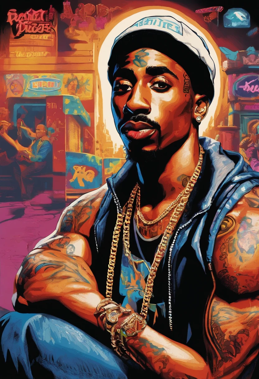2Pac, rap icon, expressive eyes, charismatic smile, defined jawline, bandana, gold chains, tattoos, intense gaze, poetic lyrics, streetwise attitude, West Coast influence, iconic poses, black and white photography, gritty urban setting, vibrant colors, dramatic lighting, stage presence, storytelling, social commentary, hip-hop culture. (best quality, 4k, highres), ultra-detailed, (realistic:1.37), portraits, street art, golden hour lighting.