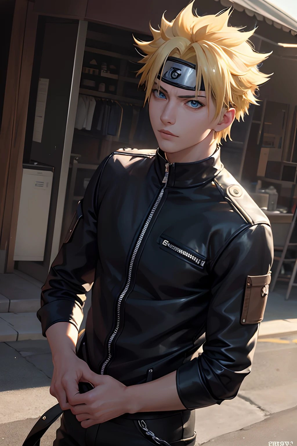 1boy, handsome boy, cool boy, Body Length 150 cm, 20 years old, (short hair, Rebel Hairstyle) , (blue eyes), realistic eyes, beautiful and sharp eyes), masculine clothing, Biker clothing, (8k wallpaper), (Street wallpaper) 8k, high quilty, realistic, beautiful realistic, Cool details, raw photo, realistic clothing,short yellow hair,realistic hair, realistic eyes, Light and cool lighting, photo realistic, Cel shaded, Uzumaki Naruto,Gel lighting, ultra details, (in the morning)