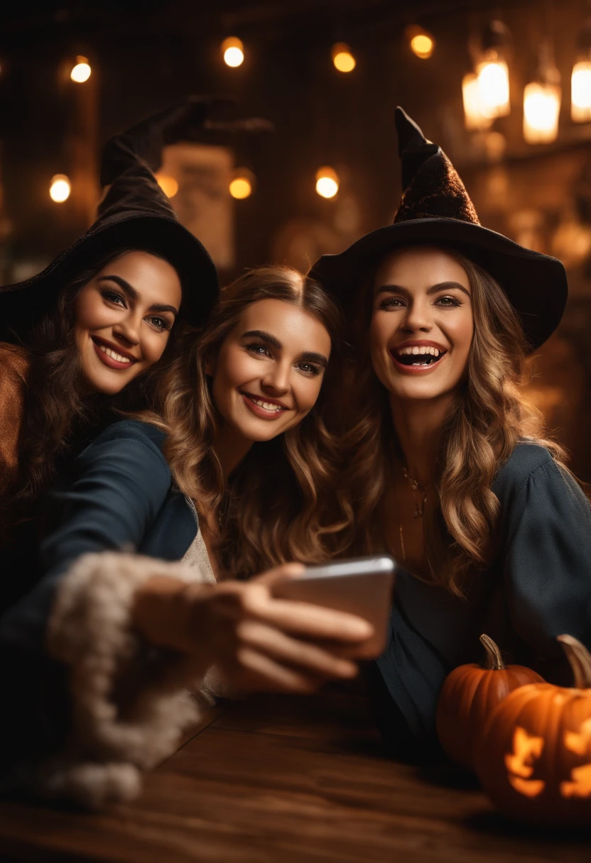 A group of women are in a bar with Halloween decorations dressed as wizards, They're taking a selfie, todos olham para a selfie, They're smiling at the camera, all are standing, foto realistica, natural lightting, ((realistic lighting, melhor qualidade, 8k, master part: 1.3)), Clear focus: 1.8,
