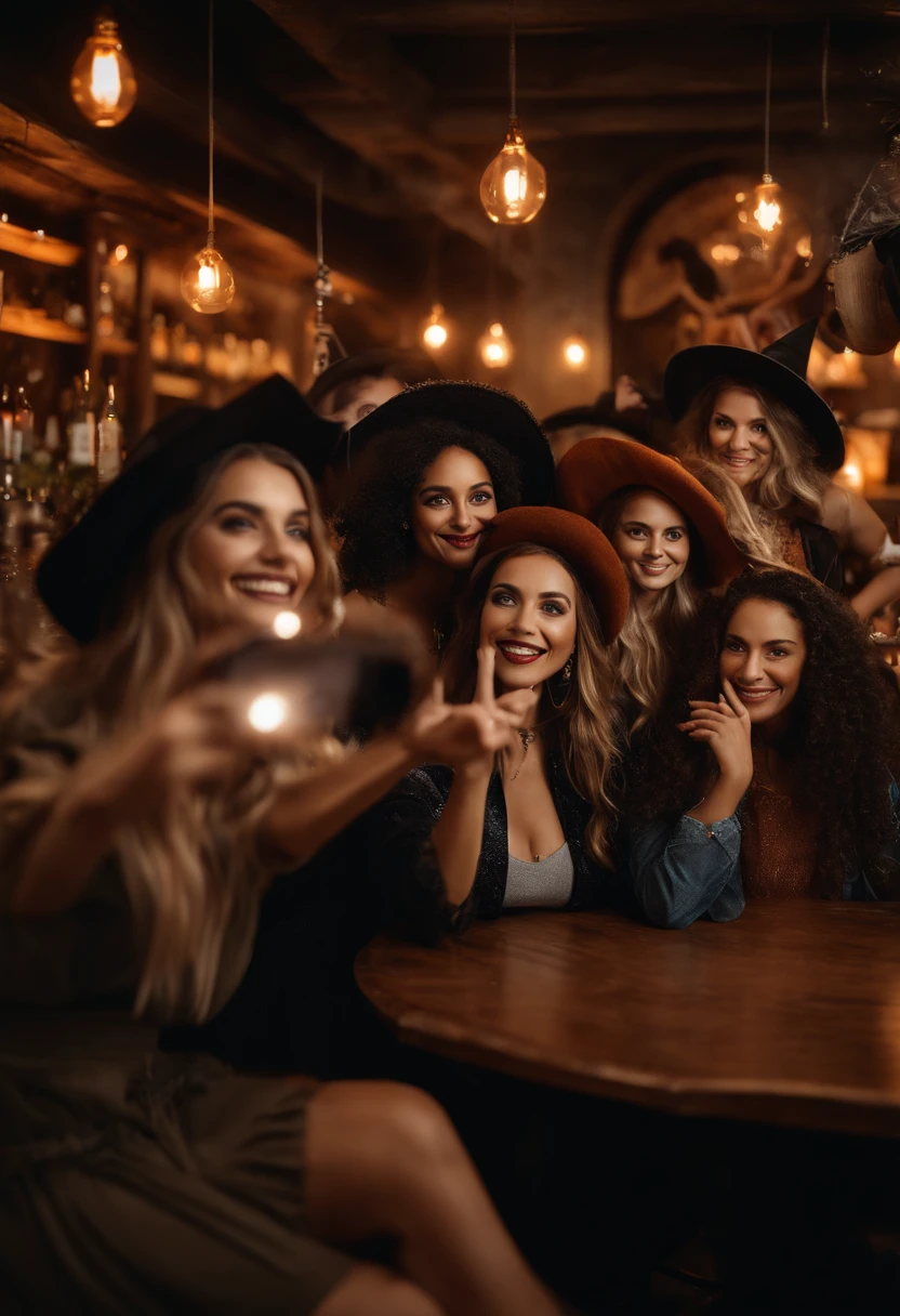 A group of women are in a bar with Halloween decorations dressed as wizards, They're taking a selfie, todos olham para a selfie, They're smiling at the camera, all are standing, foto realistica, natural lightting, ((realistic lighting, melhor qualidade, 8k, master part: 1.3)), Clear focus: 1.8,