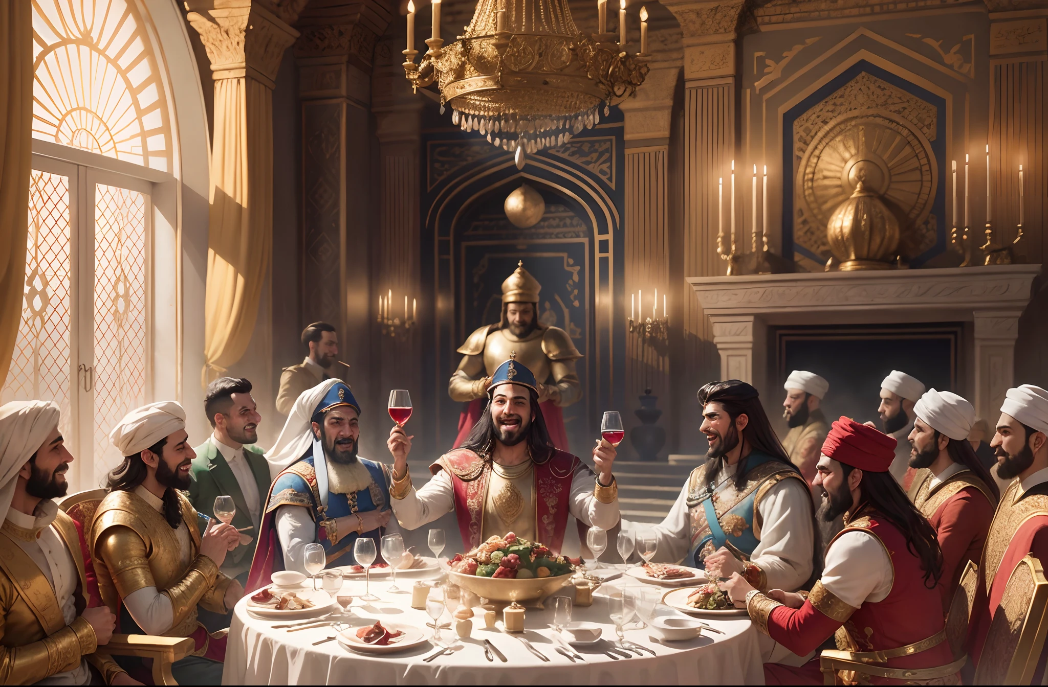 Persian king with a glass of wine in hand laughing during a large banquet in the palace with several guests