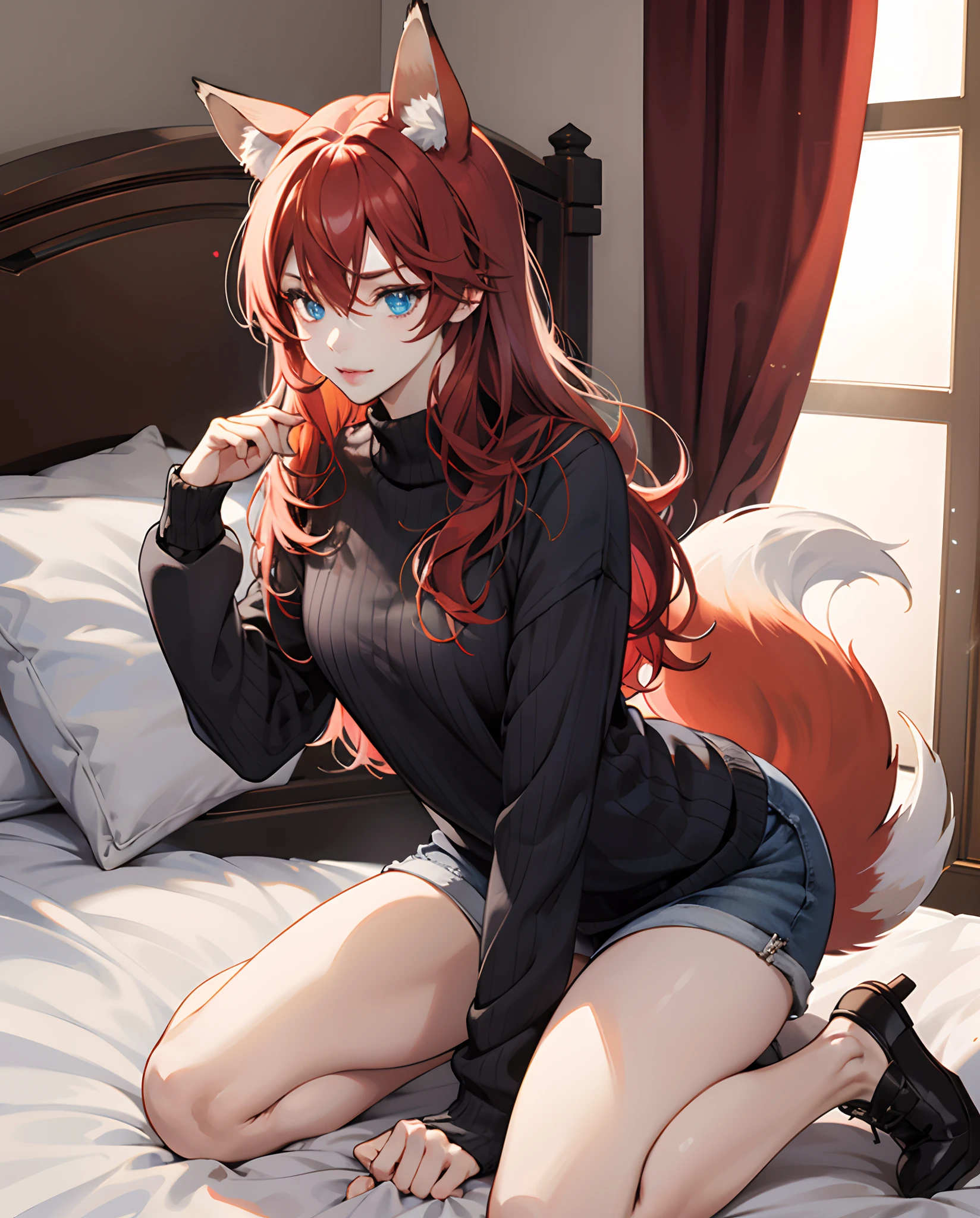 1girl, animal_ears, breasts, tail, solo, long_hair, fox_ears, looking_at_viewer, fox_tail, large_breasts, cleavage, red_hair, fox_girl, underwear, on_stomach, long_sleeves, lying, ass, shirt, choker, black_shirt, thighs, black_panties, smile, panties, yellow_eyes, animal_ear_fluff, mouth_hold, pocky, on_bed, between_breasts, micro_shorts, butt_crack, bare_shoulders, open_mouth, blush, bra, sweat, black_choker, bed, black_bra, thigh_strap, off_shoulder, black_jacket, crop_top, jacket, food