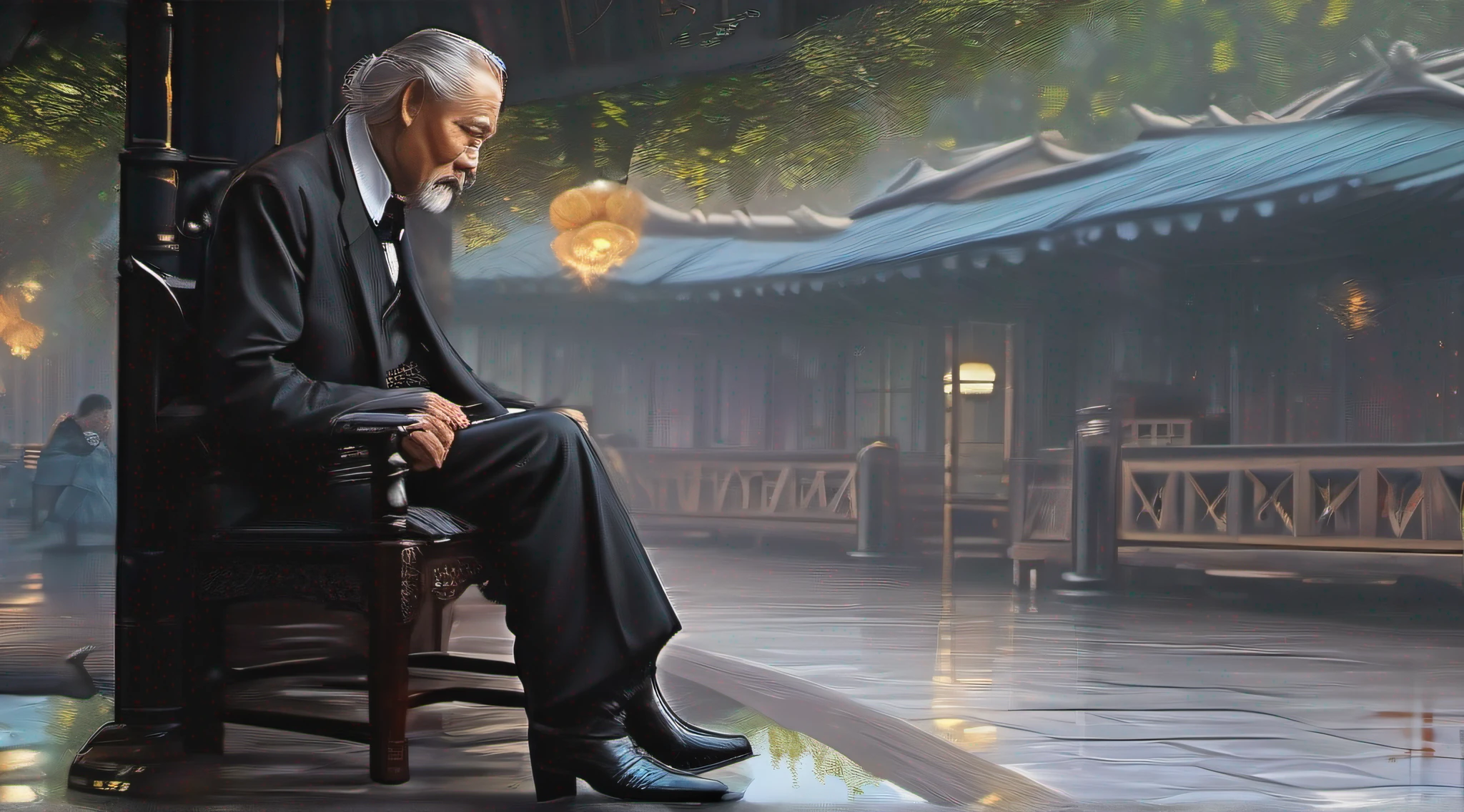 Old gentleman with a goatee,sit on chair,Eyes look at boots,Black high-gloss rain boots, 8K分辨率,Wallpaper masterpiece,Best quality,digitial painting,Highly meticulous,Ultra high quality