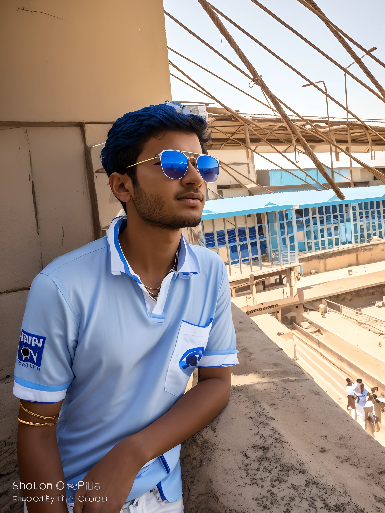 arafed man in a blue and white shirt and sunglasses holding a cell phone, casual photography, with sunglass, mohamed chahin style, jayison devadas, shot on nikon z9, jayison devadas style, male ager, with a cool pose, with sunglasses, edited in photoshop, with accurate face, with lovely look, candid picture