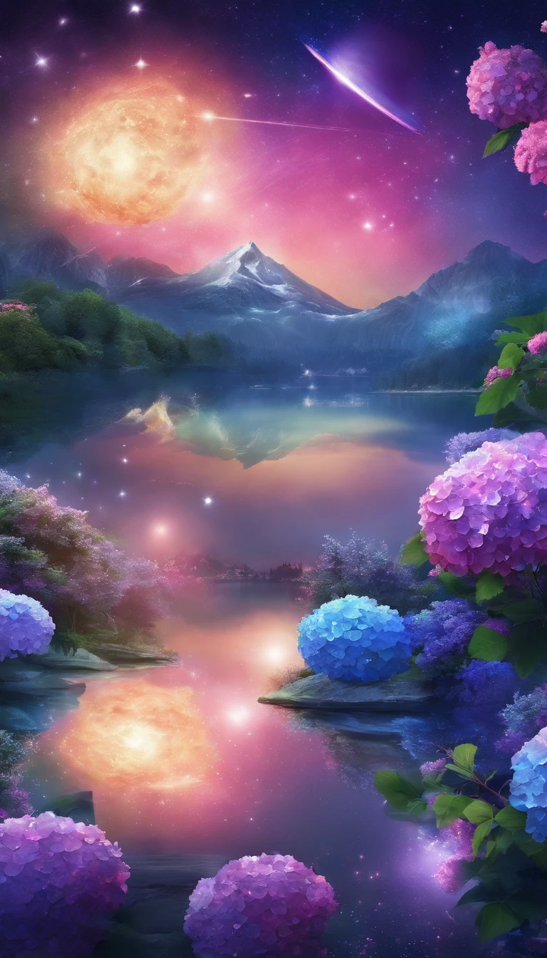 hydrangeas, park, Lake, Small hills, Pebble path,anime big breast, Masterpiece, Best quality, Anatomically correct, High details, 8K, the wallpaper