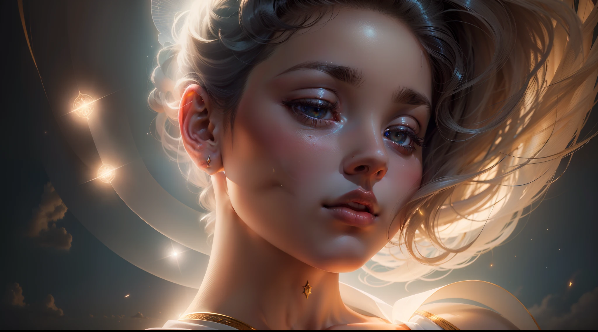 fotorrealista, mulher bela, cabelo preto, pele clara, melhor qualidade, Rosto extremamente detalhado, perfect lighting, Um anjo divino e radiante em esplendor celestial, (serene expression), (peaceful and comforting), (beleza transcendente), (Divine grace), (symbol of purity), (Reino Celestial), (spiritual lighting), (suave e protetor), (luz iluminante: 1.2), (Seraphic figure), (harmonia e serenidade), (vestes angelicais), (atemporal e celestial), (aura cativante), (Healing and guidance) (cores roxas ao fundo com brilhos) (4k)