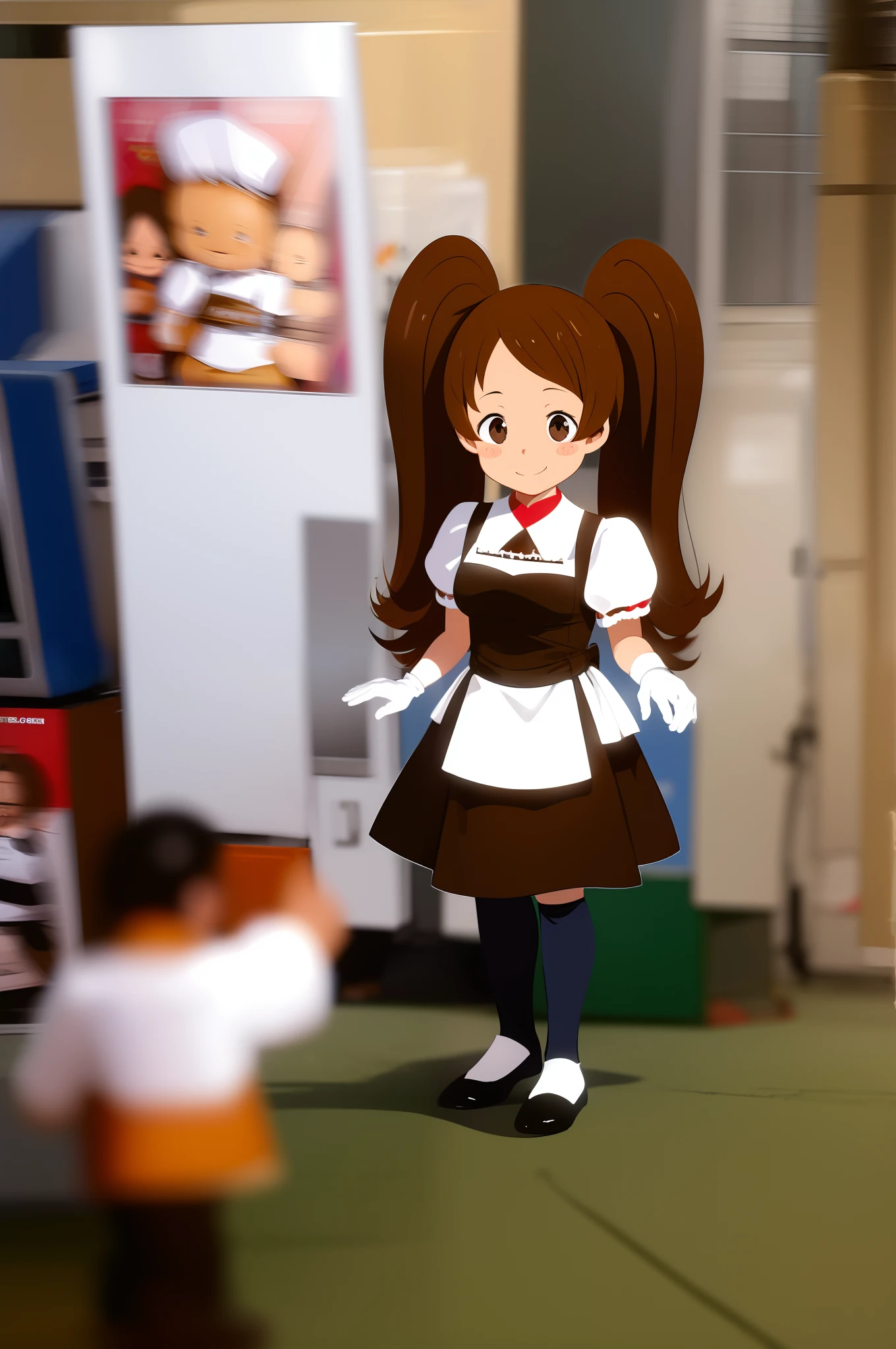black eyes, toon, chef dress, twintails, brown hair, smile,1girl, gloves,smile, blush stikers, standing