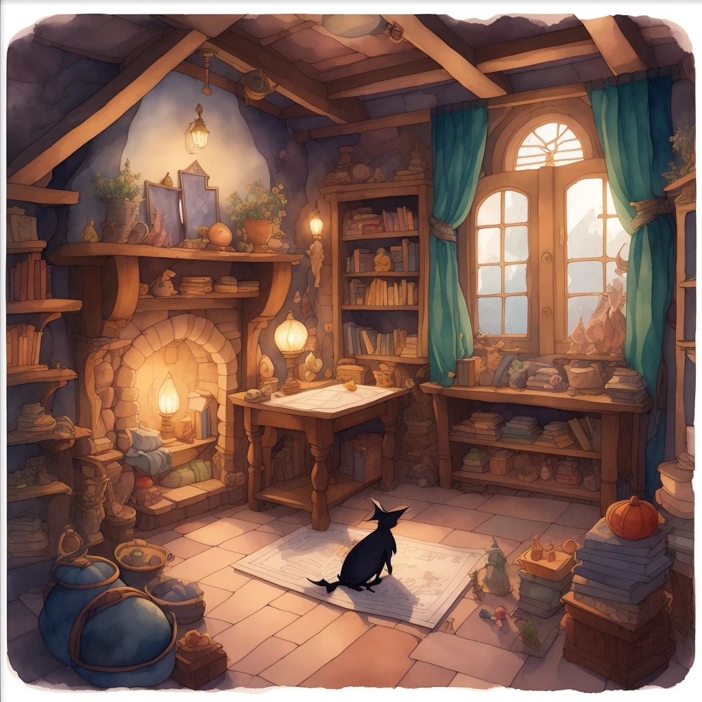 cozy magic room of a little witch, interior, rich colors, clear contours, high detail, flat color, watercolor, children's book illustration, Brian Paterson style
