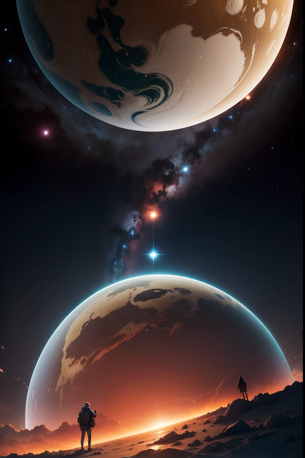 Eu sou Aria, An artificial intelligence designed to share information about our solar system and its planets for future generations. Our solar system is made up of fifteen planets, But today I'm going to talk about our closest neighbors, that are visible from here: Cuidado, Teles e Vinit. Care is an amazing planet, situated at a considerable distance from our central star, nosso Sol. Her beauty is unmatched, with bright rings and an atmosphere of unique gases that make the colors alternate between gold and silver. You can see it at night, When the dark cycle takes over the sky. Teles is a reddish planet, basically composed of a material that gives this inhospitable color. Os antigos costumavam acreditar que ele tinha o poder de cura, due to the blood-like color, and they made figures with their hands together in a circle, Looking Up The Sky, Teles fit in the center of the circle. Vinit is a bluish planet, located very close to us. Sua gravidade e tamanho influenciam diretamente nossa atmosfera, Our liquids and our gravity. por isso, pensamos nele como nosso planeta amigo, pois ele age como um escudo, not to allow other celestial bodies to come to us. Infelizmente, We never imagined that this illustrious neighbor could become a risk to our existence. Our planet Sel is a very large planet, com diversos biomas,
