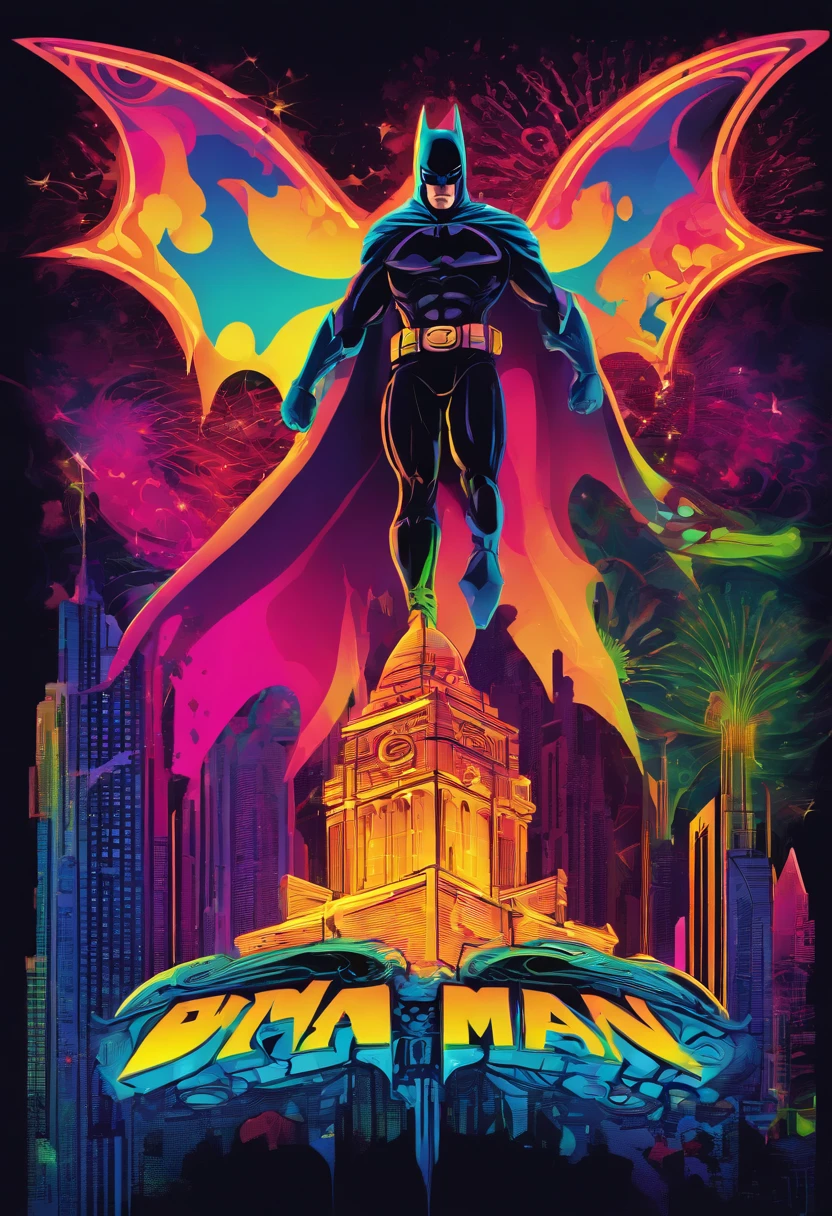 silhouette of a Batman standing on the top of tower, perfect view,and a black background behind it, neon lit, black and neon neon white,macro photography, abstract, vector based