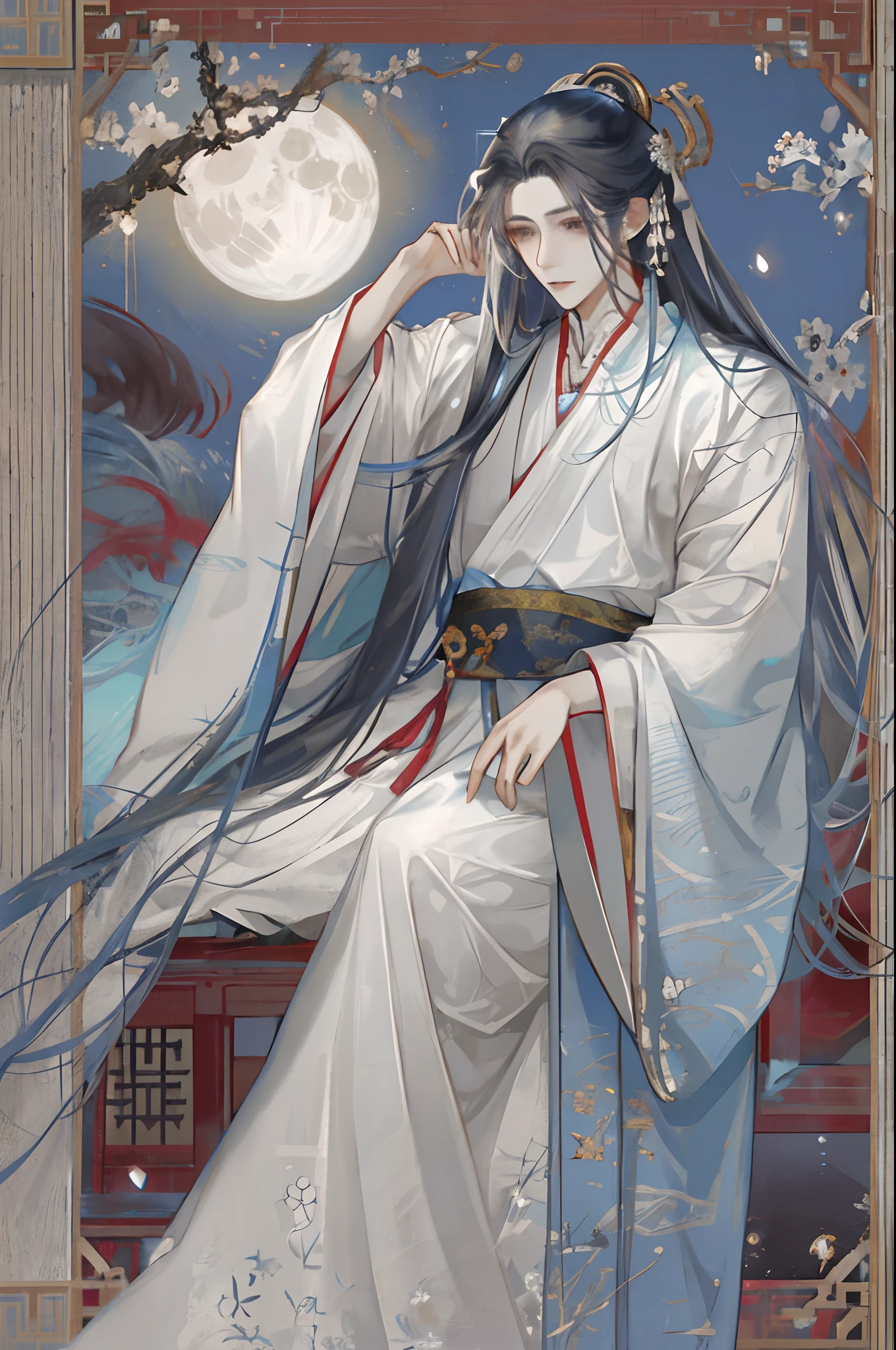 The male,Male,White Hanfu,long white hair,Long flowing hair,Wide robe with large sleeves,Ancient wind,Solid color clothes,The clothes do not have any patterns,laughingly,softlighting,water ink,Behind it is the full moon,low-saturation,low-contrast,led floodlights