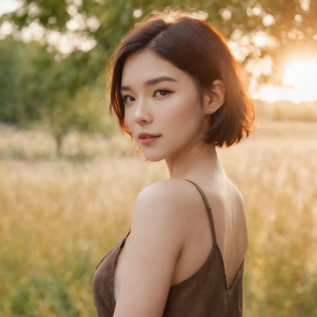 Small eyes、Short hairstyle、Little fat girl、A dark-haired、short-haired、Embarrassed face、Autumn landscape、Hair illuminated by the sun、hitornfreckles、tiny chest、Round Ass、Camisole、undergarment