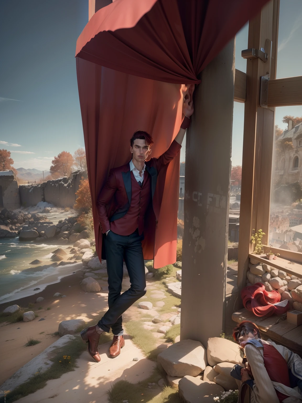 Un homme en rouge, Le style de Patrick Demarchelier. Dressed in a red velvet jacket and jeans , Grand et en forme, (40 ans:1.1), (shaven:1.2), (cheveux bruns courts :1.5),(very short hair:1.6). in the style of ethereal beauty, Realistic blue sky, Hasselblad 1600F, Hyperrealistic portrait, couleurs vives, Lignes dynamiques, lisse et poli .