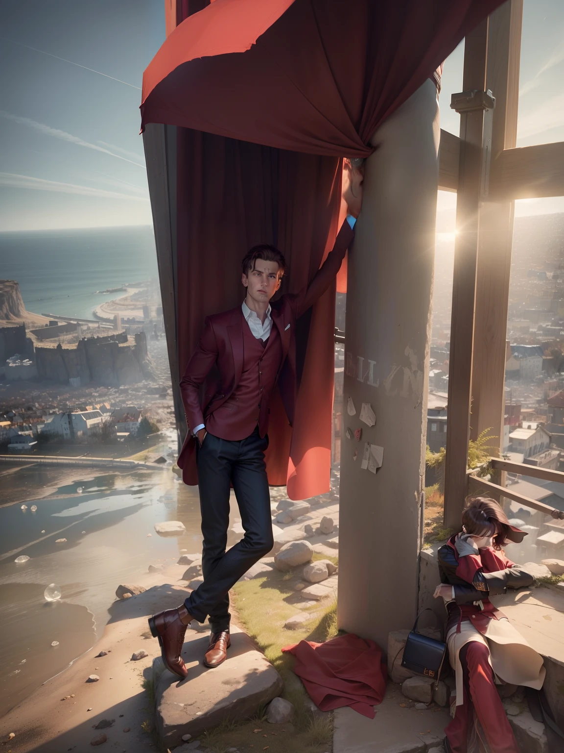 Un homme en rouge, Le style de Patrick Demarchelier. Dressed in a red velvet jacket and jeans , Grand et en forme, (40 ans:1.1), (shaven:1.2), (cheveux bruns courts :1.5),(very short hair:1.6). in the style of ethereal beauty, Realistic blue sky, Hasselblad 1600F, Hyperrealistic portrait, couleurs vives, Lignes dynamiques, lisse et poli .