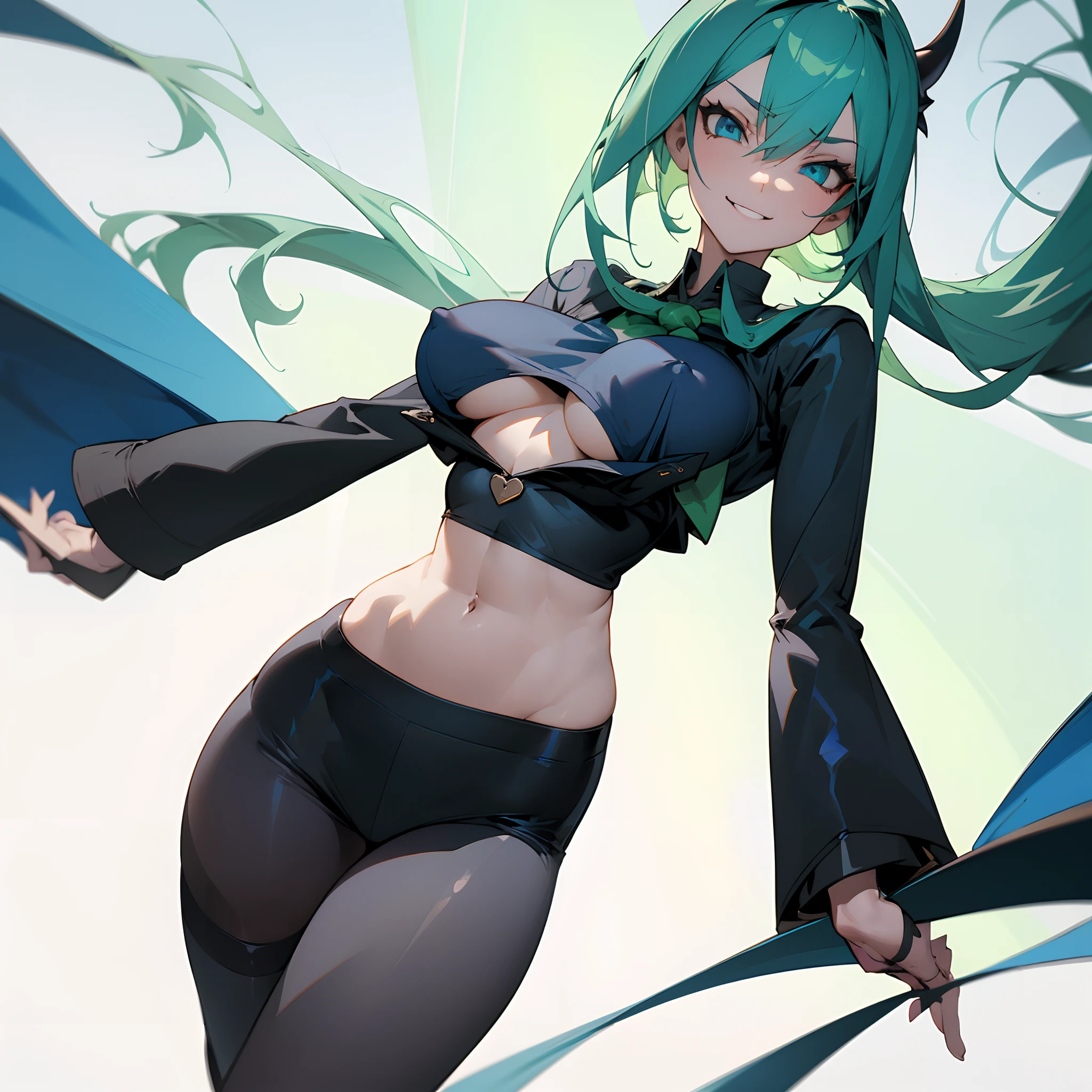 girl, tall, hidden arms, blue_and_green hair, detailed pretty eyes, navy blue eyes, evil smile, medium boobs, long areolas, mid waist, ripped abdomen, medium thighs, school uniform, long black stockings, detailed clothes, sexy pose, masterpiece, hyper realistic, high definition