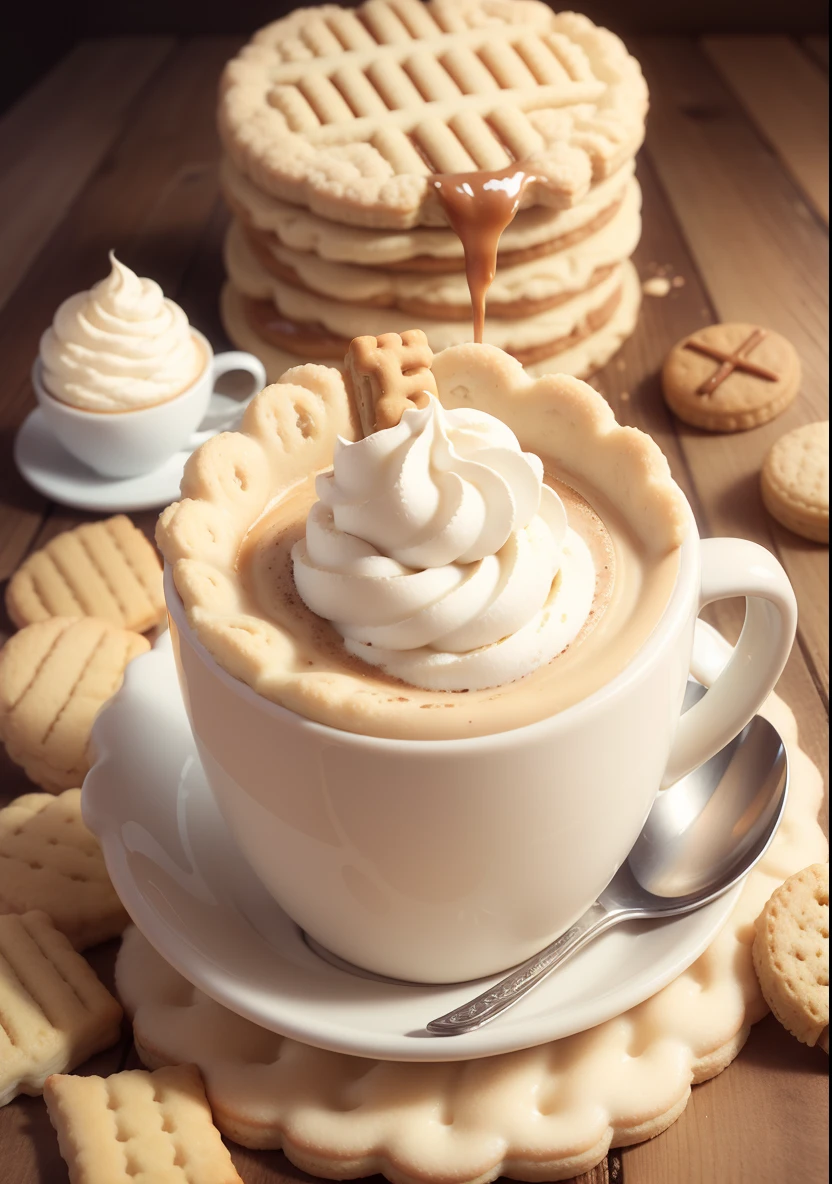 coffee latte ,hyper realistic picture,(text :Try our new Custard Cream Latte And get a free biscuit on the side)