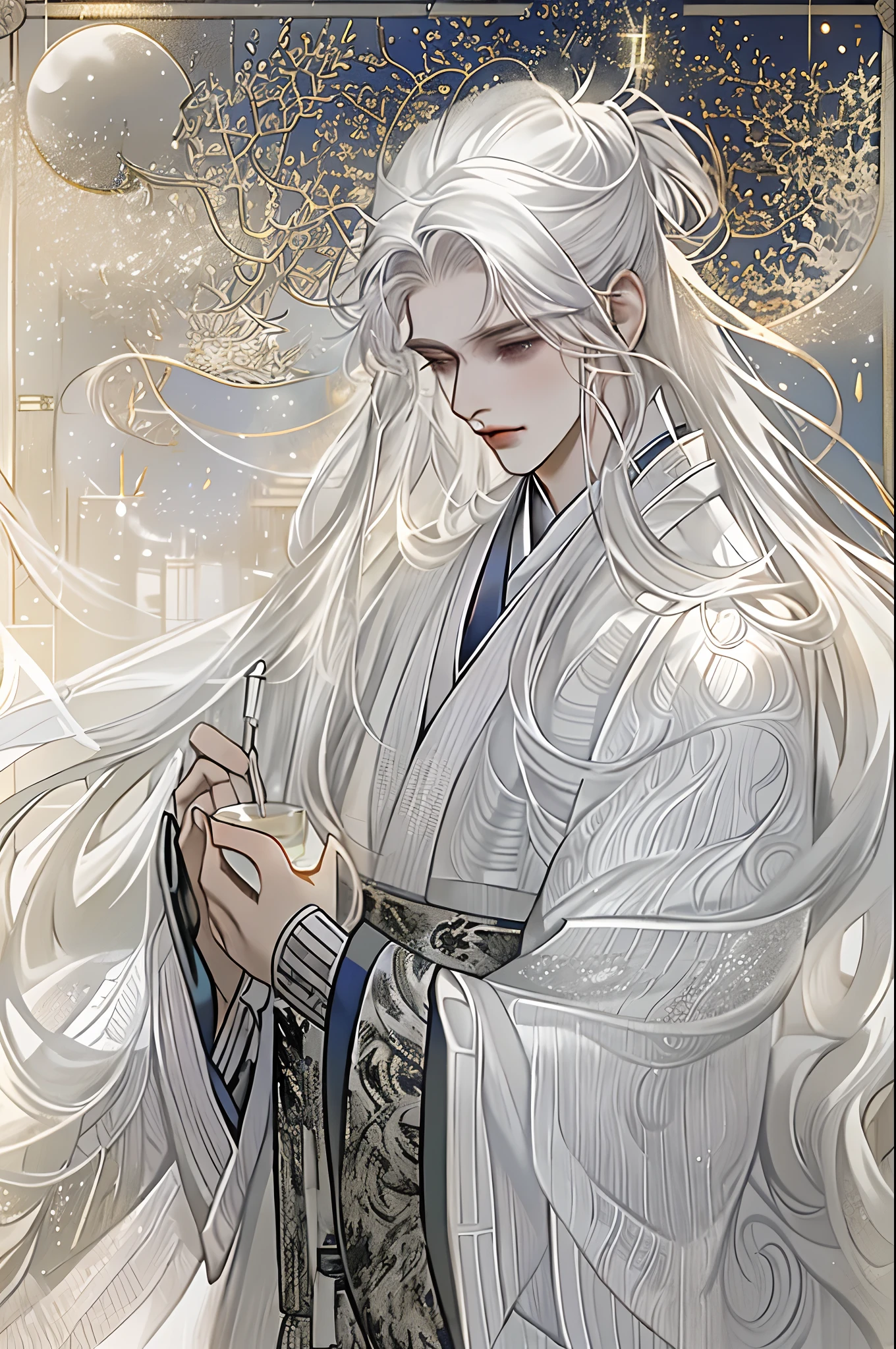 The male，Male，White Hanfu，long  white hair，Long flowing hair，Wide robe with large sleeves，Ancient wind，Solid color clothes，The clothes do not have any patterns，laughingly，softlighting，water ink，Behind it is the full moon，low-saturation，low-contrast，led floodlights