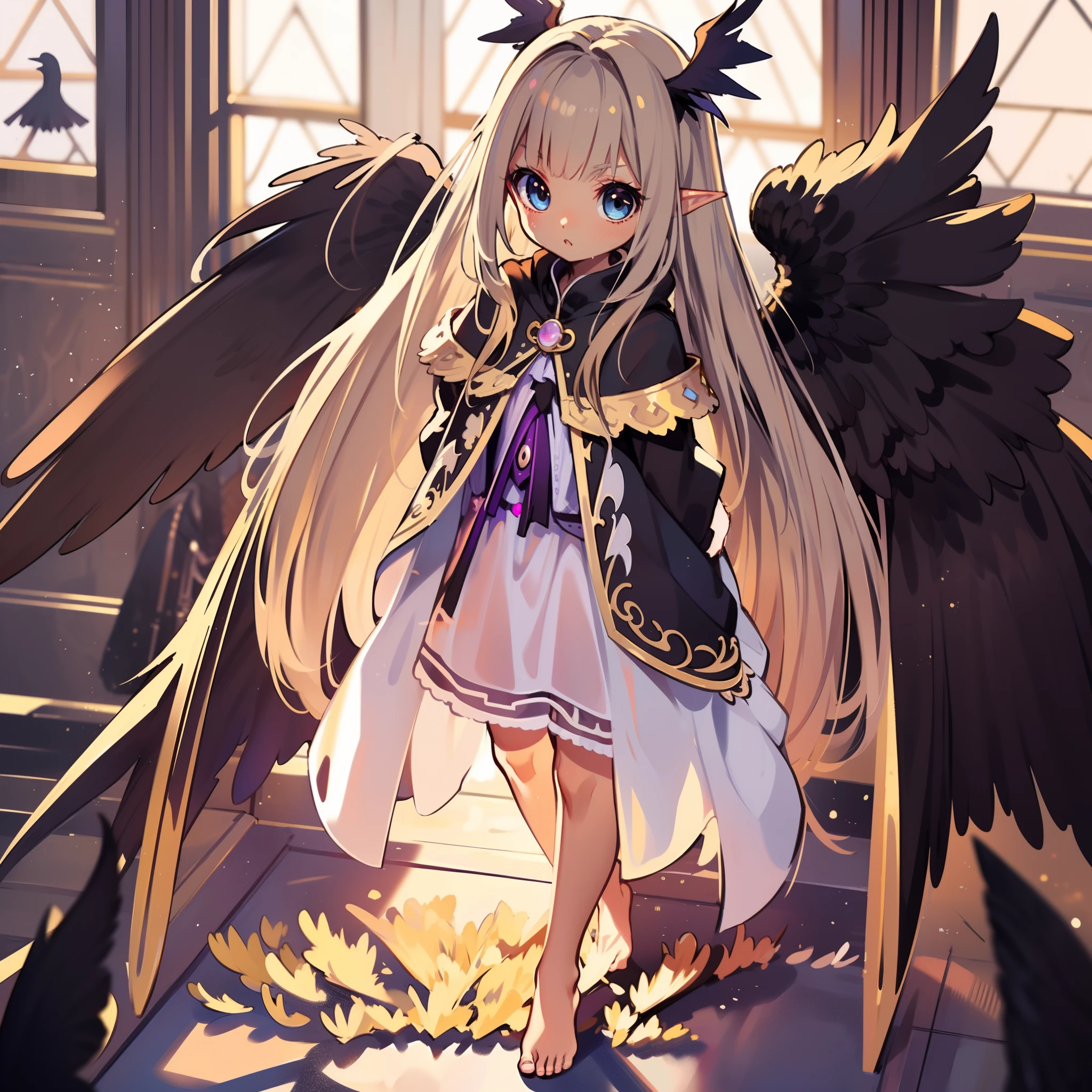 very cute female :1.1,10 yo,(Darkness:1.4),(wizard's robe:1.5),blue eyes,silver hair:1.3,(glay brown skin:1.7),elf ear:1.3, (raven wings:1.7),(dark elf:1.6),action:1.6,Gothic Lolita cloth:1.8,BREAK dutch angle shot,dynamic angle:1.6,ground-level shot,low angle,full body shot,medium shot,BREAK Barefoot,livingroom:1.5,Summer,day, Long hair,flat chest,Wind,Drooping sweat:1.1,BREAK (extremely detailed CG unity 8k portrait),(highly detailed fingers),(Masterpiece: 1.3),(ultra detailed face),(Exquisite Detail: 1.2),highly detail Eye,(Highest Quality:1.4), (Super-Resolution: 1.2),(super fine illustration), Eyelashes, Best Quality,super detailed skin,