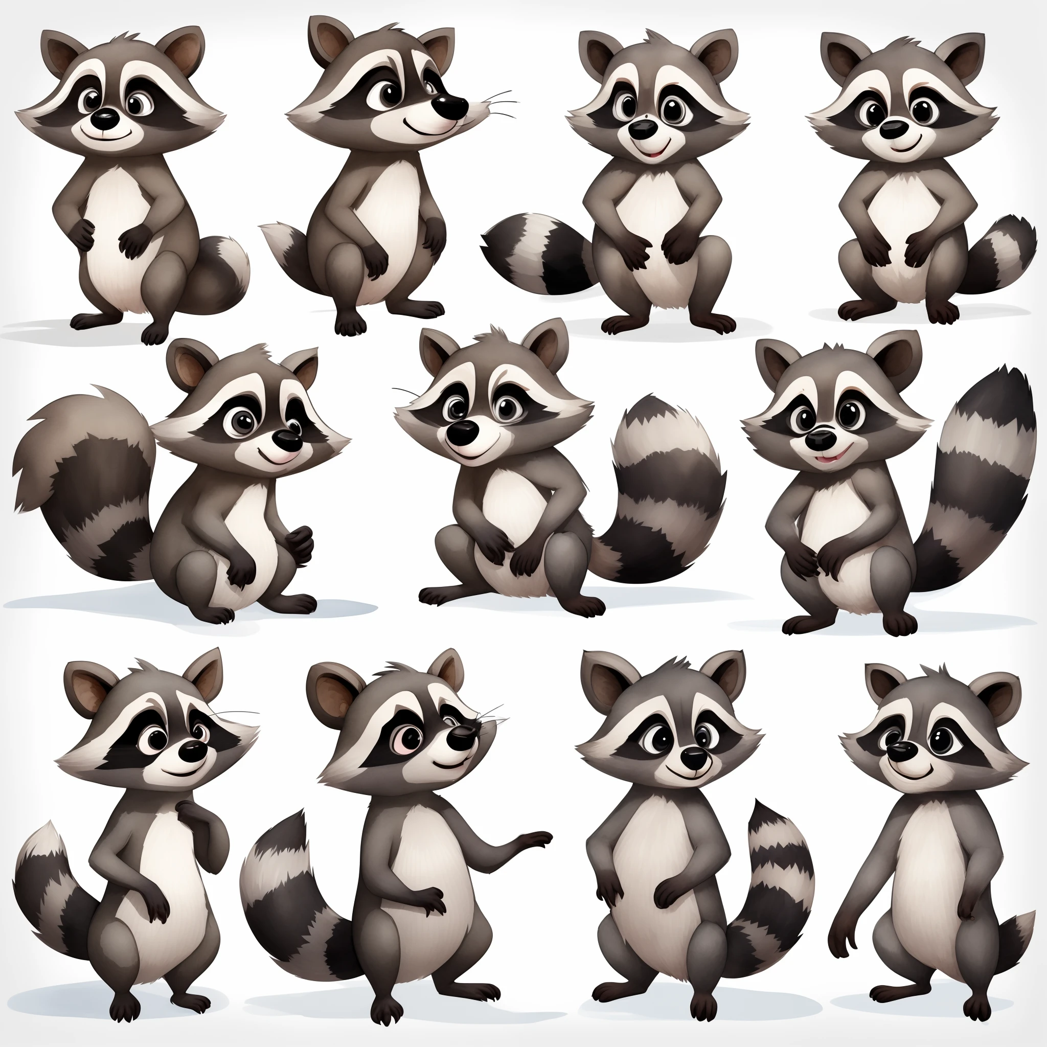 cute anthropomorphic raccoon in different poses, gray wool, without clothes, character sheet, multiple poses sitting, standing, right, back, sideways and facial expressions, watercolor