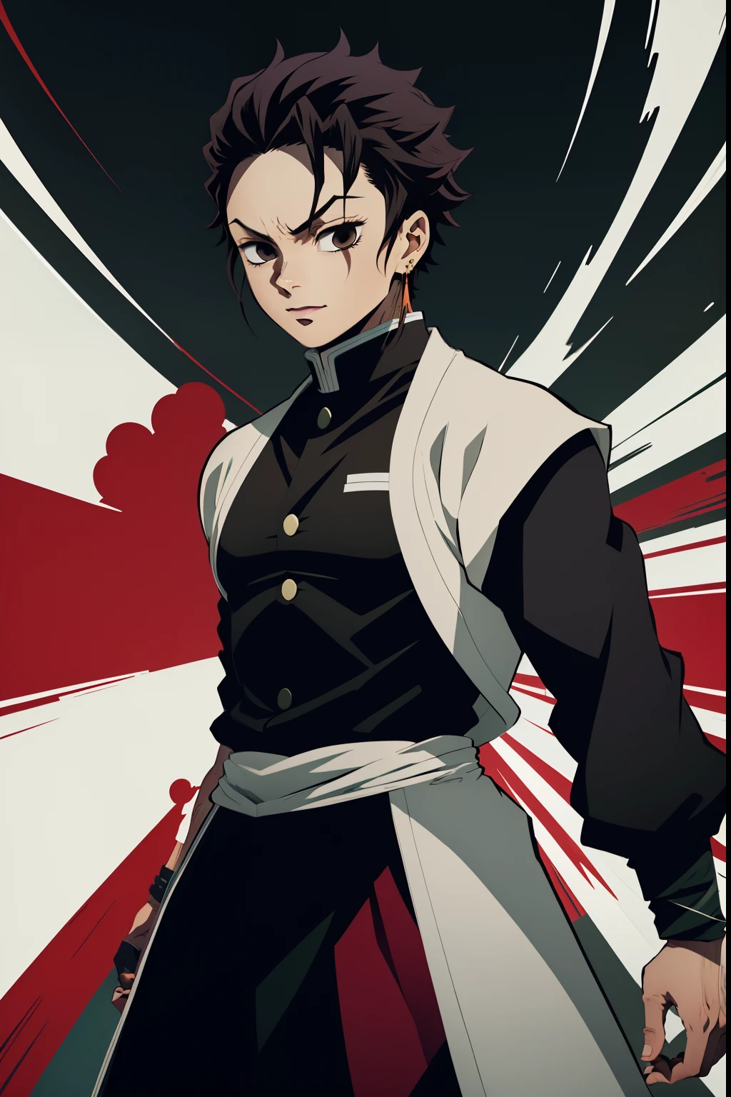 jovem negro, Uniform demon slayer, vento ao redor, Penteado Zoro, cabelos pretos, Nichirin vermelho, Lutando, Bleach poses, Olhos bonitos, happy, lindo, black eyes