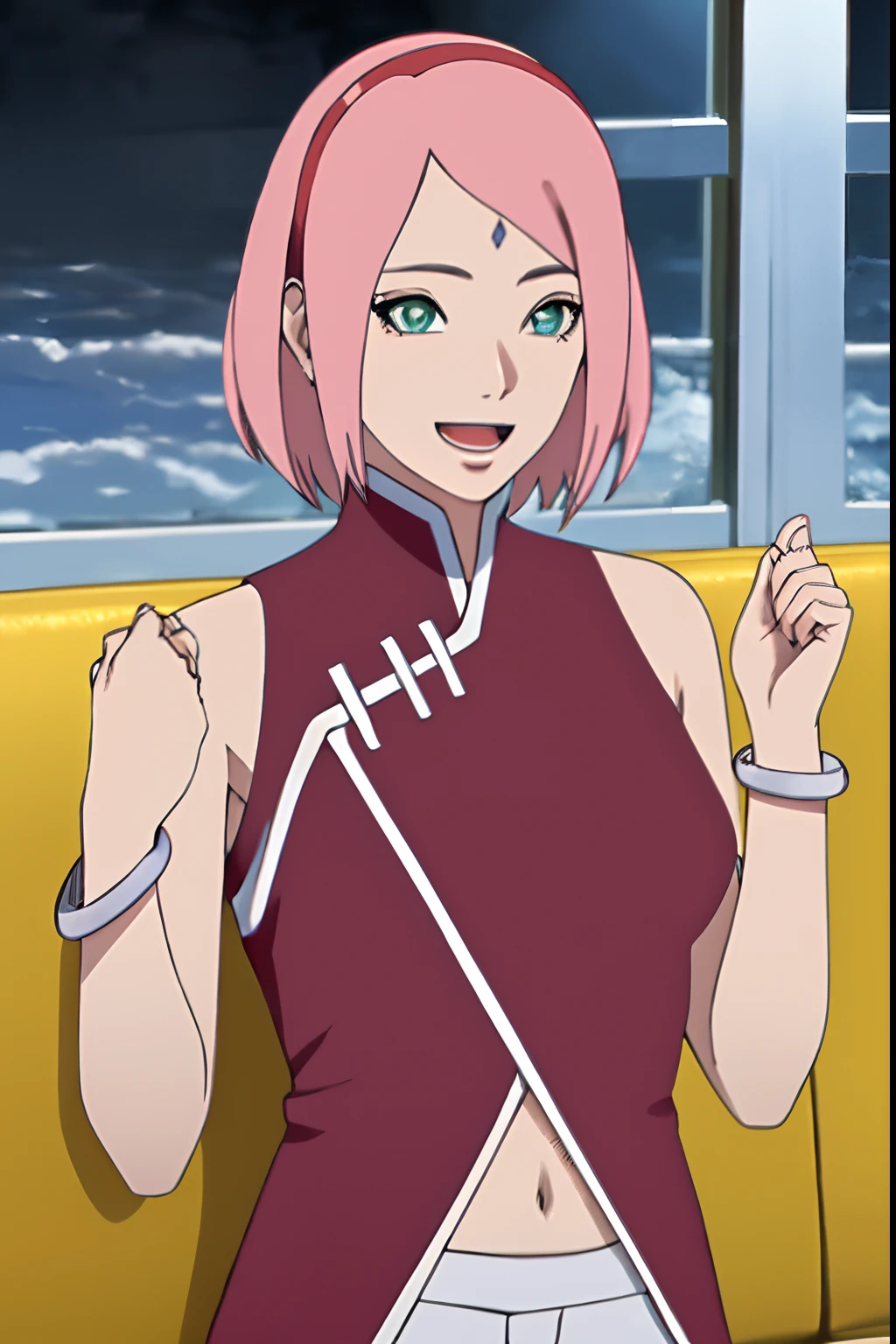 masterpiece, 4k, portrait, cowboy shot, (night), professional artwork, intricate details, colorful, digital blending, (ultra detailed body, ultra detail hair, ultra detail face), trending on pixiv, kind smile, best quality, anime style: 1.9, 1girl, hires, haruno sakura, (forehead mark, milf, red hairband, pale skin, (small breasts), short hair, ((red sleeveless dress,), white pants), ((navel, belly button), slender body, slender belly, bracelet, pink hair, open mouth, big eyes), smile, beach, wind, floating hair, detailed arms, off-shoulders, broad shoulders, ((both armpits , (both) hands up high)), fancy couch, relaxing, laying, talking, looking at the viewer, showing armpit)