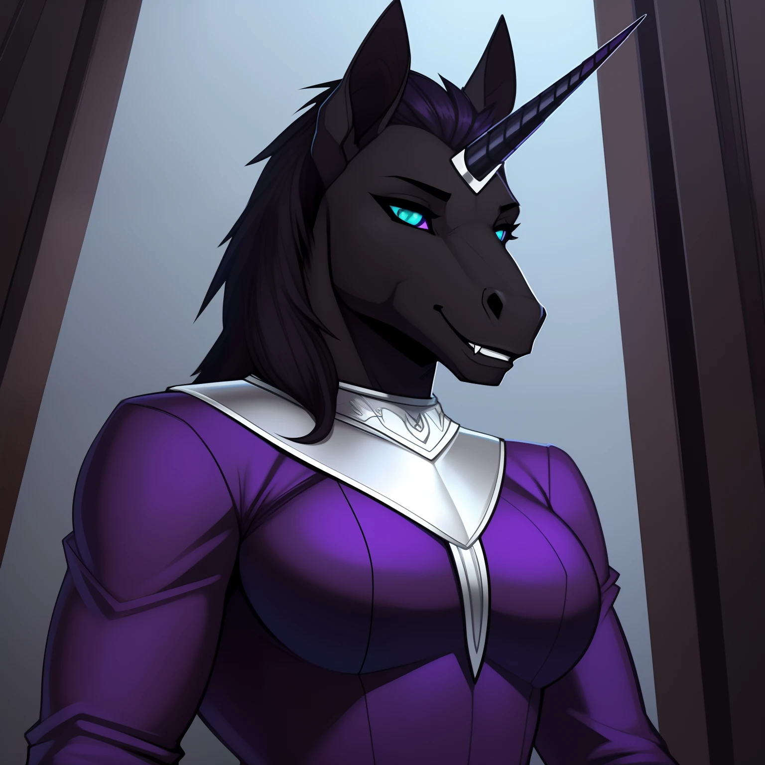 muscular_mature_unicorn_with_black_horn female dark_purple_mane black_furry_body vivid_teal_eyes slit_pupils beautiful_smile solo Masterpiece best_quality absurdres highly_detailed gown_with_silver_trim silver_circlet silver_gorget cleanly_drawn_eyes fangs bat_wings purple_eyeshadow horse_snout anthro_only by_claweddrip, by_greasymojo, by_underscore-b, by_runawaystride