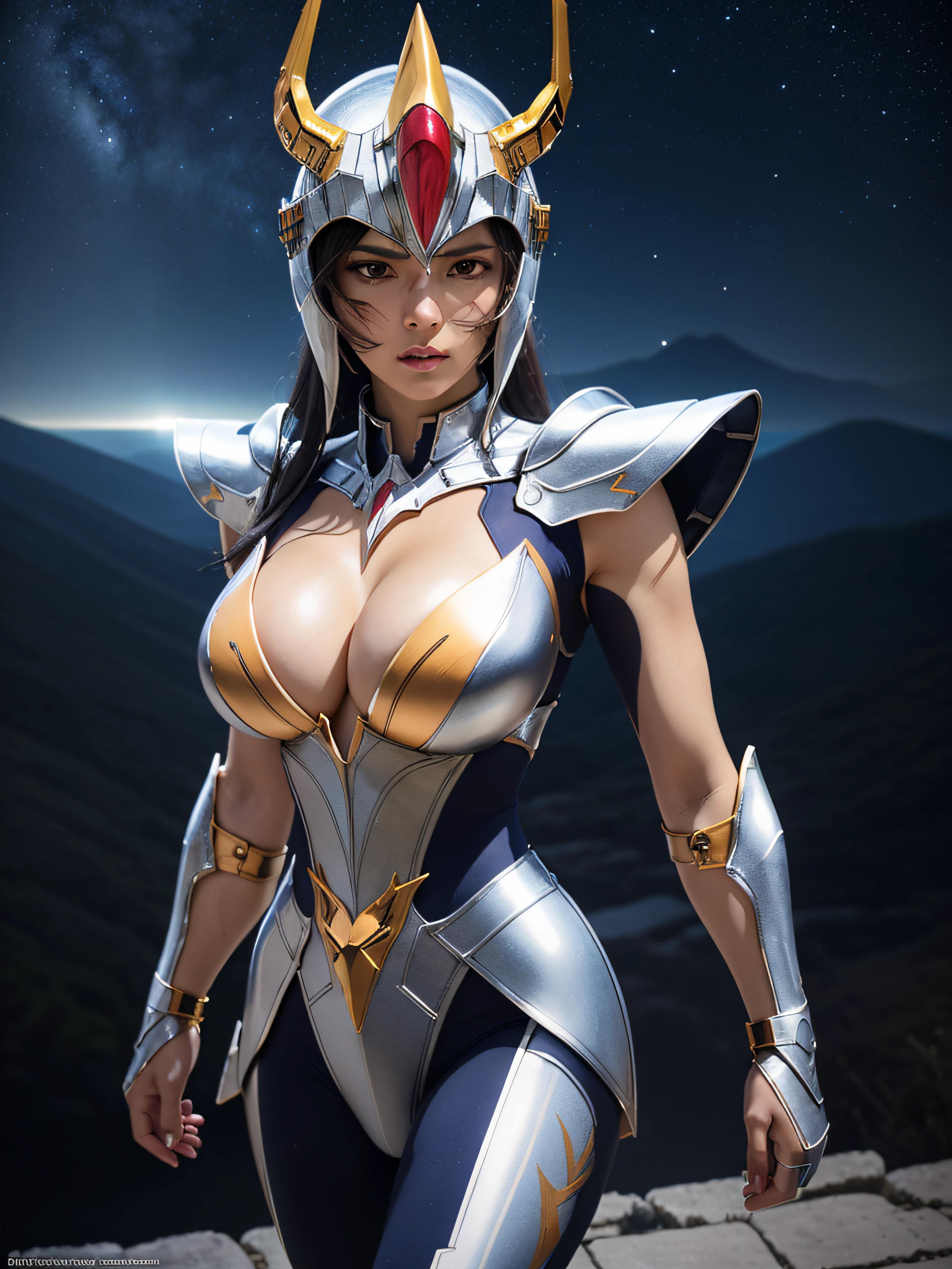 masterpiece, best quality, ultra high res, realistic skin texture, armature, (photorealistic:1.4), high resolution, raw photo, 1 girl, shiny skin, (detail skin:1.2), realistic skin texture, best lighting, sparkle, mecha armor, dramatic lighting, dynamic pose, (greek temple background:1.1), (night:1.2), (night sky), cosmos, milky way, golden armor, (cleavage), Phoenix_Ikki, (big breast), (helmet:1.2), tanned skin, black hair, (silver chest guard:1.3), (helmet), blue shirt,  volcano, lava, serious face