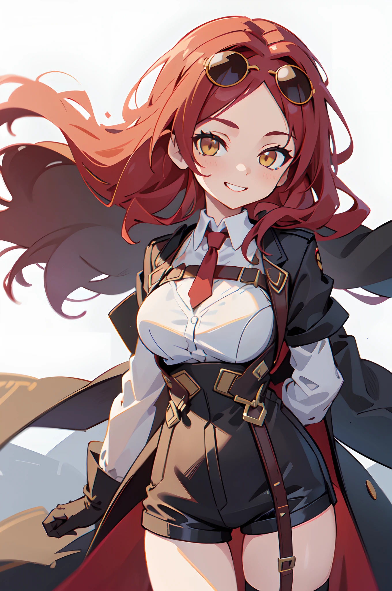 1girl, young woman, solo, long hair, big hair, (forehead:1.13), (round sunglasses:1.2), yellow eyes, scarlet red hair, medium breasts, grin, (overcoat, black coat, open coat:1.2), white shirt, collared shirt, (chest harness, shoulder strap:1.15), black leather shorts, garter belt, gloves, elegant, arms behind back, looking at viewer, standing, (close-up:1.3), face only, cowboy shot, masterpiece, best quality, 4k