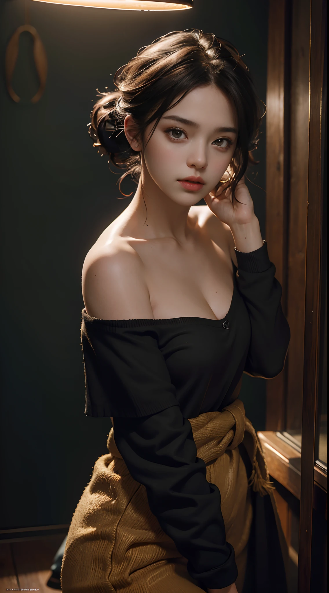 Best Quality, Masterpiece, Ultra High Resolution, (Realisticity: 1.4), Original Photo, 1Girl, Green Eyeballs, Off-the-Shoulder, Deep V, Cinematic Lighting
