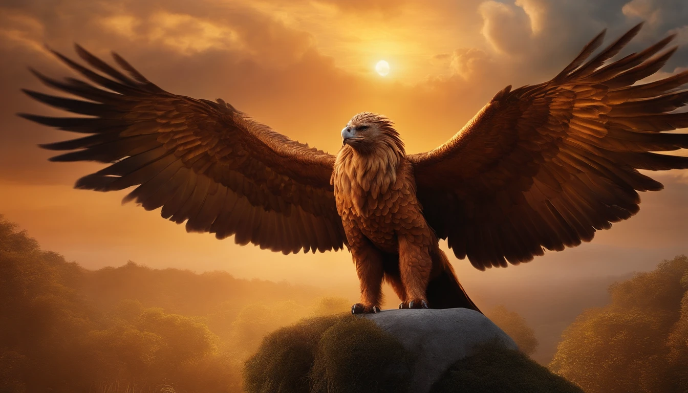 make images of the mythological creature Griffin, in a gorgeous setting and its wings spread, imagem centralizada e sem cortes