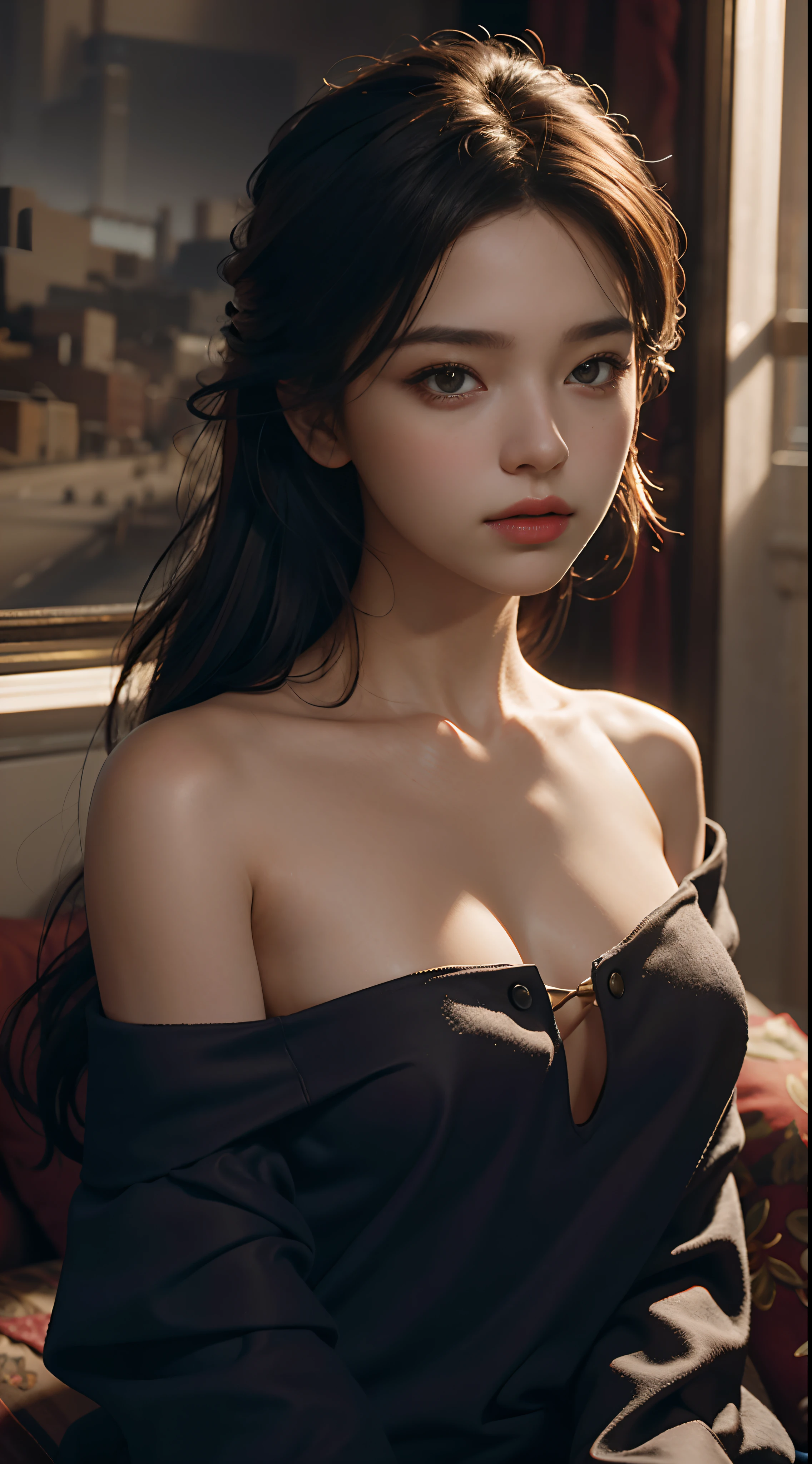 master-piece, bestquality, masterpiece, ultra-high resolution, (Realism: 1.4), Original photo, 1girls, Beautiful and perfect facial features, Bare shoulders, Cinematic lighting