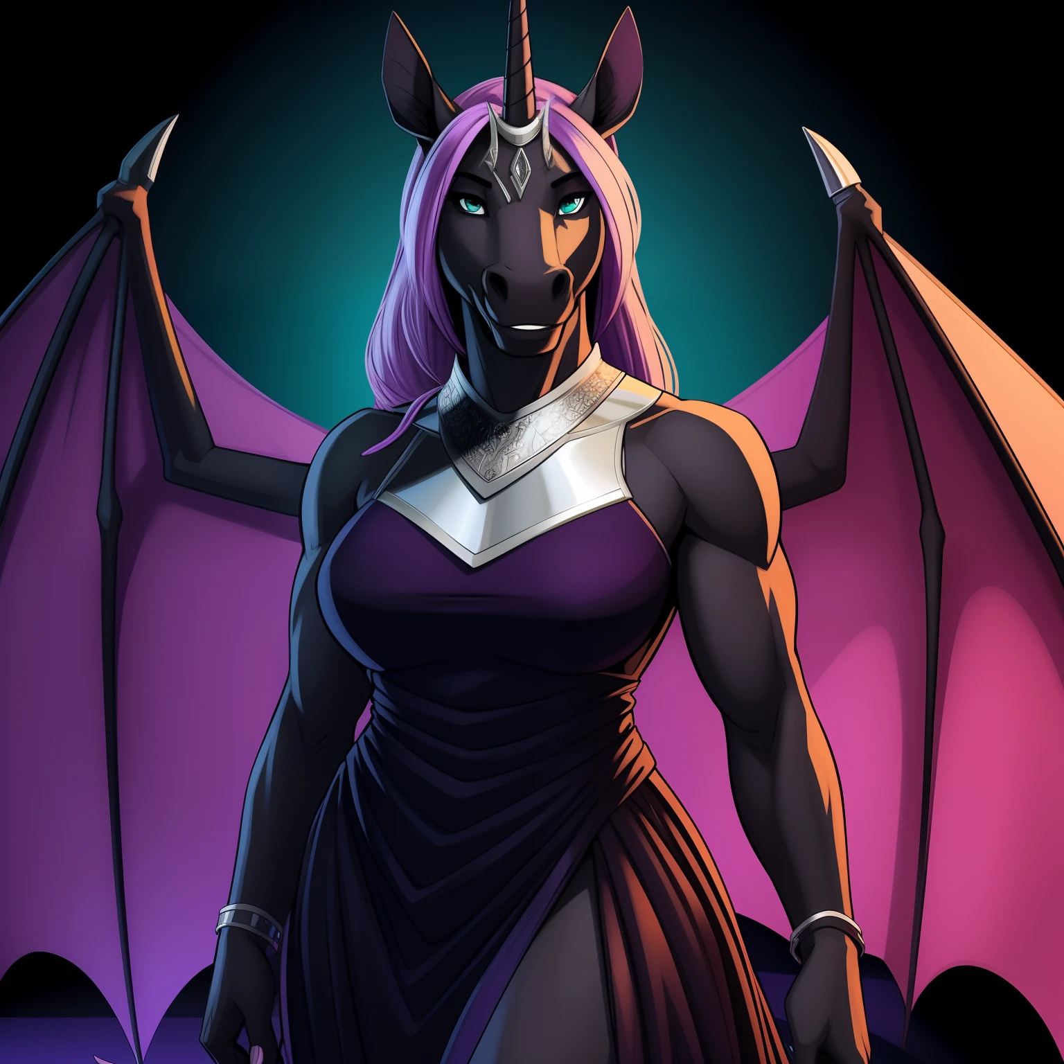 muscular_mature_unicorn female dark_purple_mane black_furry_body teal_eyes slit_pupils smile solo Masterpiece best_quality absurdres highly_detailed gown_with_silver_trim silver_circlet silver_gorget cleanly_drawn_eyes fangs bat_wings purple_eyeshadow horse_snout anthro_only by_claweddrip, by_greasymojo, by_underscore-b, by_runawaystride