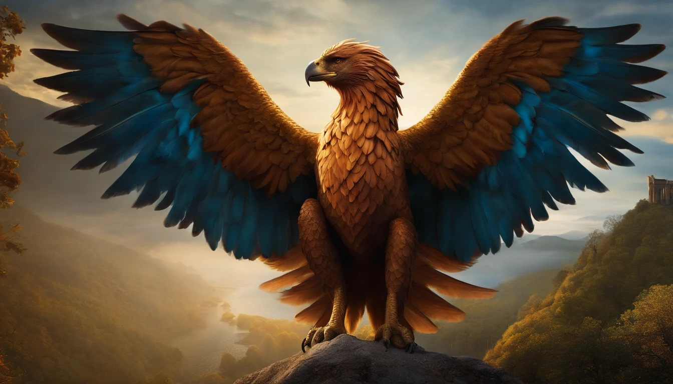 make images of the mythological creature Griffin, in a gorgeous setting and its wings spread, imagem centralizada e sem cortes