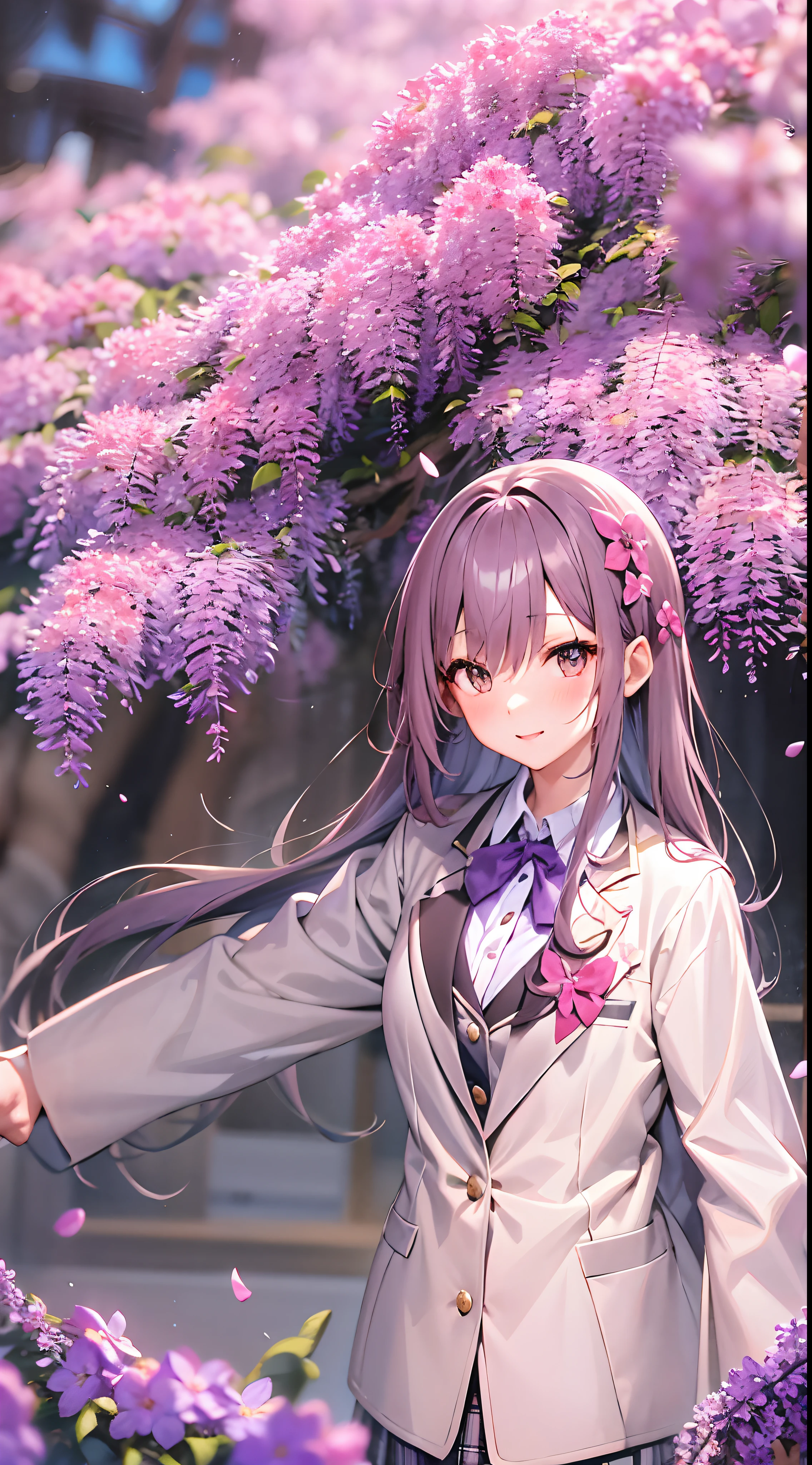 A girl in school uniform stands in front of a tree,Pink flowers bloom on the branches,1个Giant Breast Girl,By bangs,Bare tree,blazer jacket,Bow knot,neck bowtie,tree branch,SakuraNS,collar shirt,daysies,Falling petals,florest background,florals,graduate,flower sea,jaket,long whitr hair,longer sleeves,looking at viewert,exteriors,lacepantyhose,petals,pink flowers that,tartan,pleatedskirt,clubs,校服,The shirt,a skirt,ssmile,独奏,springtime \ (seasons \),The tree,Wisteria - Anime