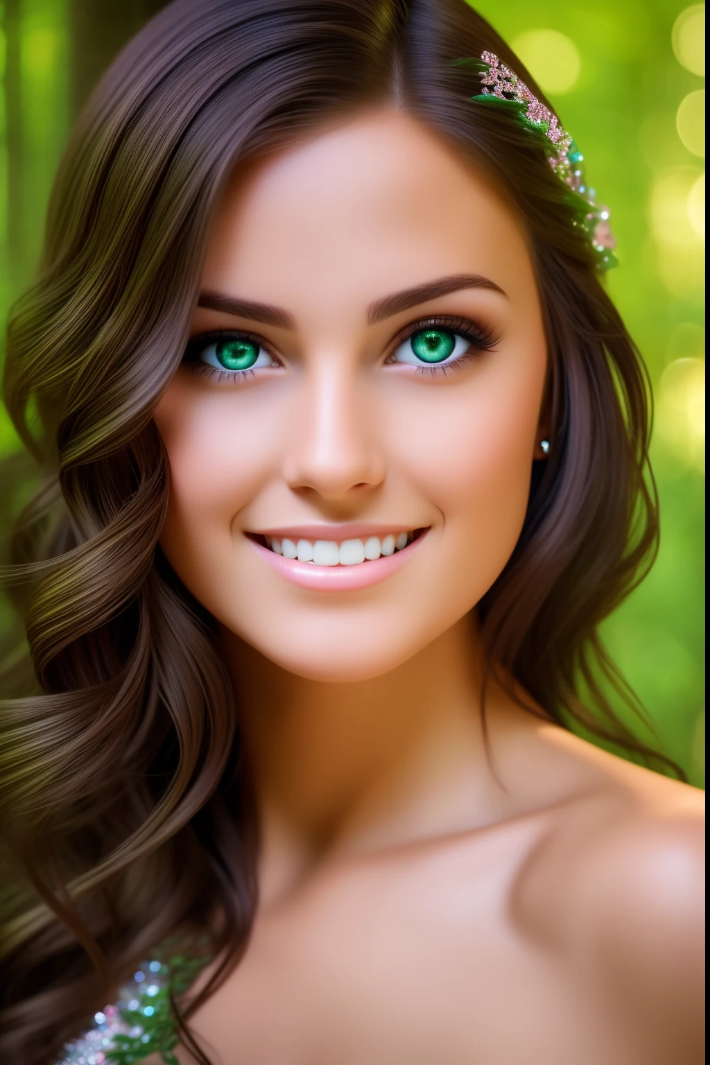 realistic image, a close-up of a beautiful, tunning brunette woman with cascading dark highlights, forest glade, her green eyes sparkling with joy