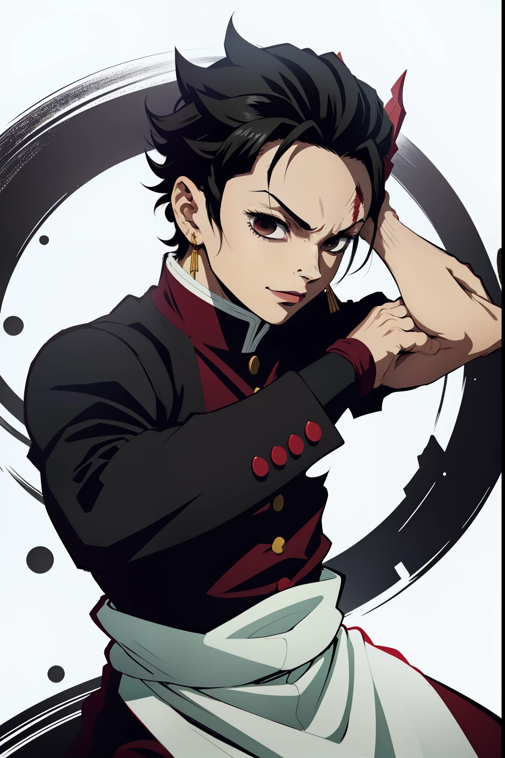 jovem negro, Uniform demon slayer, vento ao redor, Penteado Zoro, cabelos pretos, Nichirin vermelho, Lutando, Bleach poses, Olhos bonitos, happy, lindo, black eyes