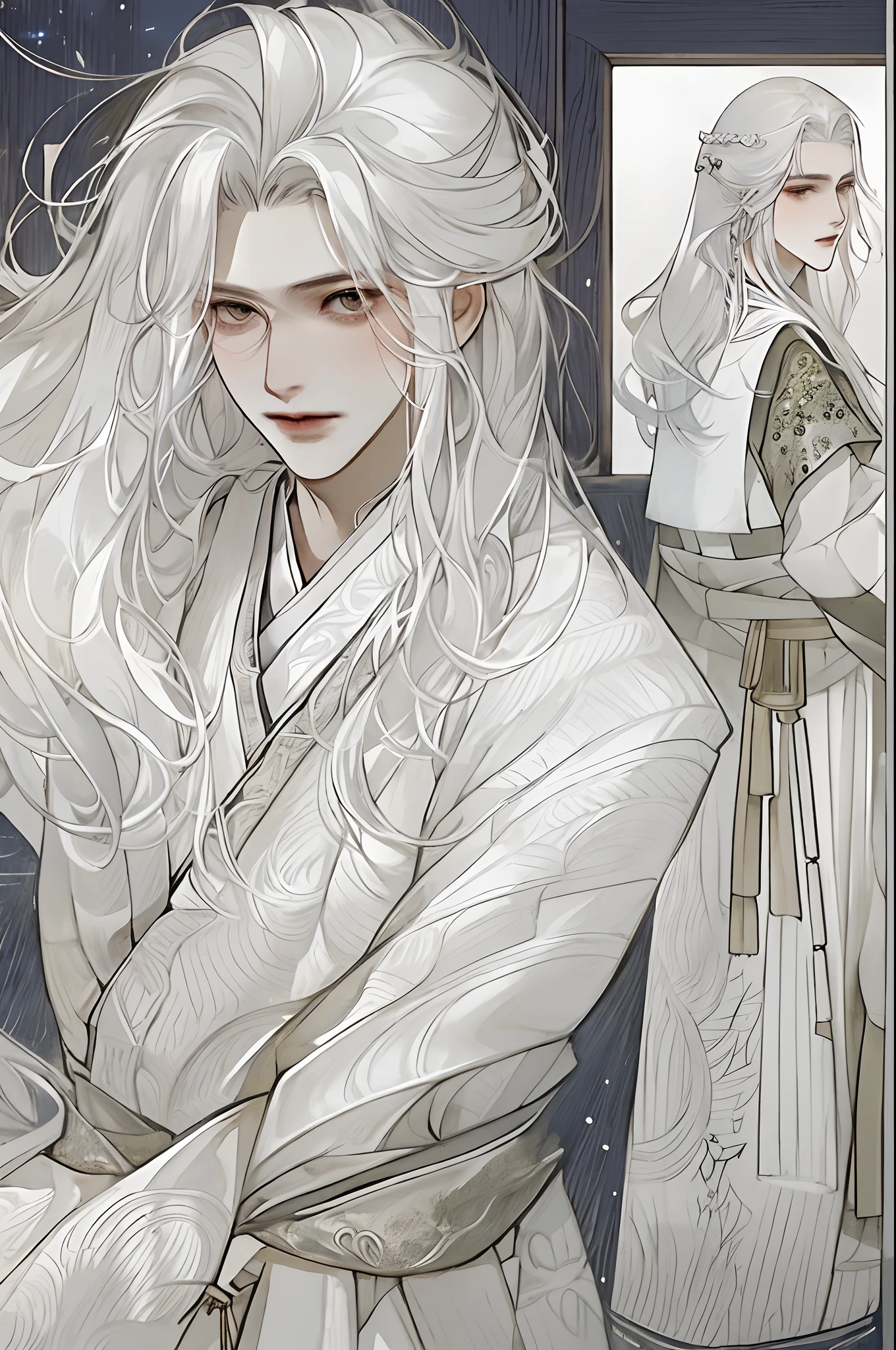 The male,Male,White Hanfu,long white hair,Long flowing hair,Wide robe with large sleeves,Ancient wind,Solid color clothes,The clothes do not have any patterns,laughingly,softlighting,water ink,Behind it is the full moon,low-saturation,low-contrast,led floodlights