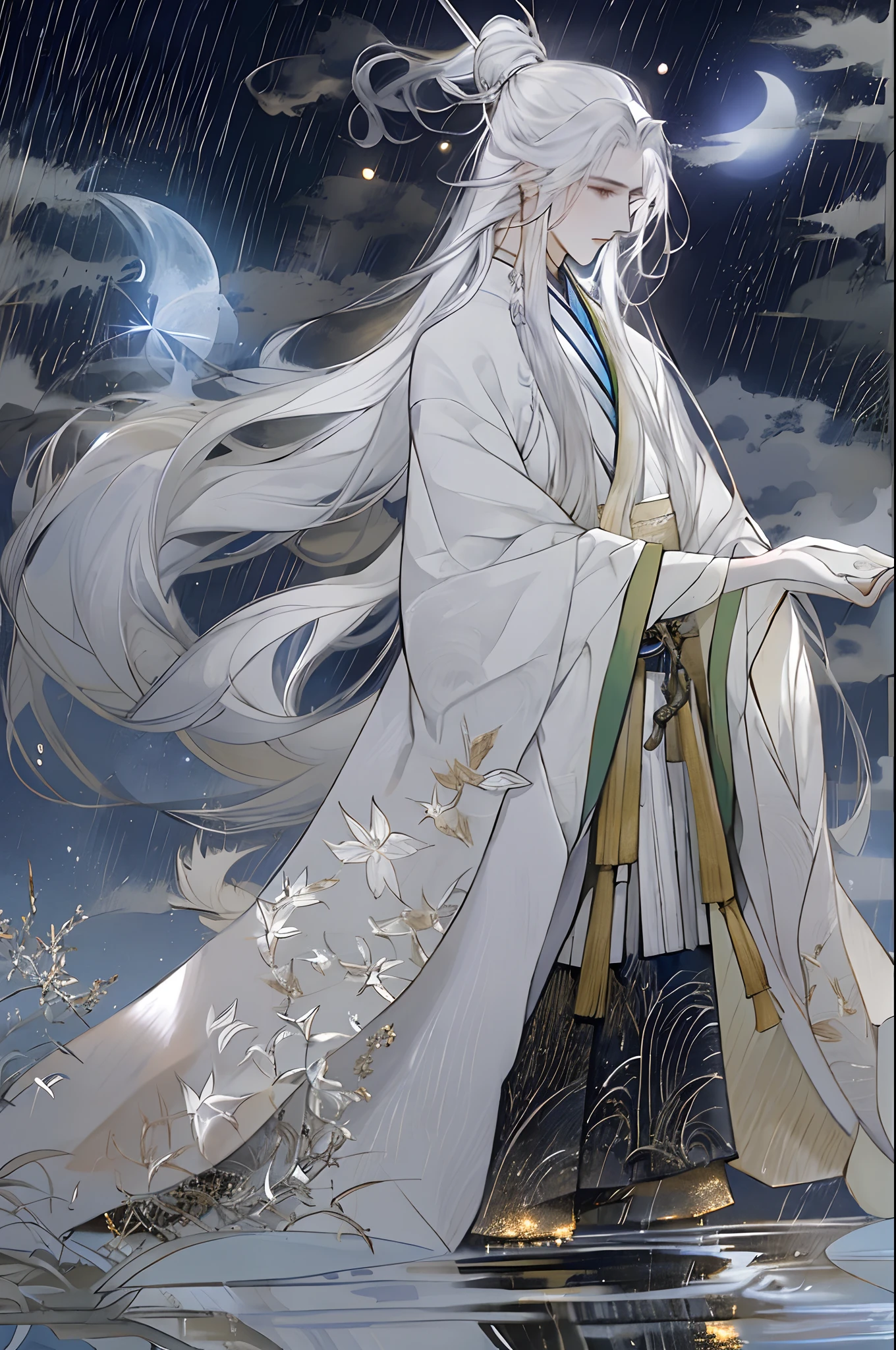 The male，Male，White Hanfu，long  white hair，Long flowing hair，Wide robe with large sleeves，Ancient wind，Solid color clothes，The clothes do not have any patterns，laughingly，softlighting，water ink，Behind it is the full moon，low-saturation，low-contrast，led floodlights